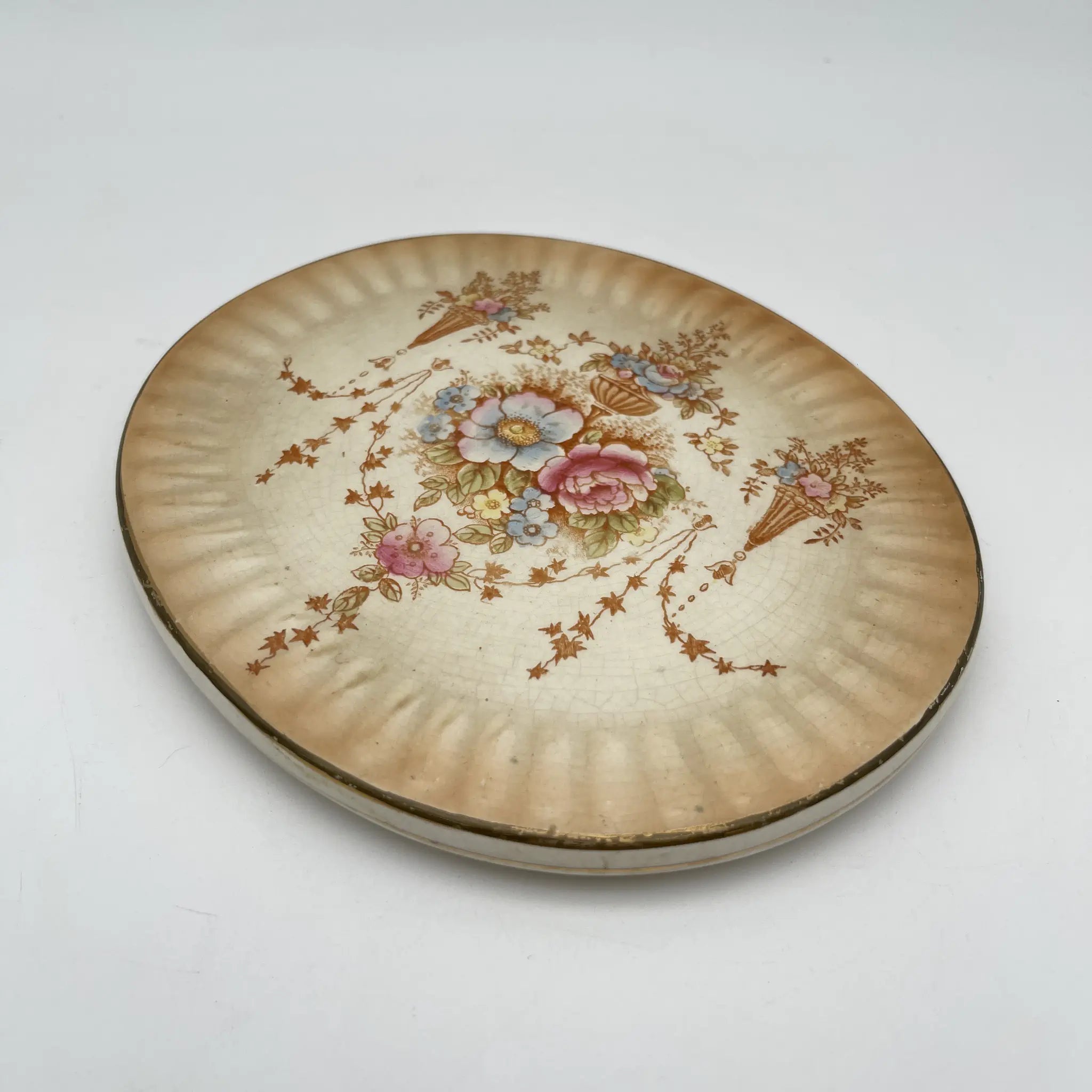 【アンティーク】 ポットスタンド (鍋敷き) / Crown Devon (クラウンデボン) / Spring / 1910-1920年代 / 陶器 / イギリス / 銅板転写, 手彩色 金彩