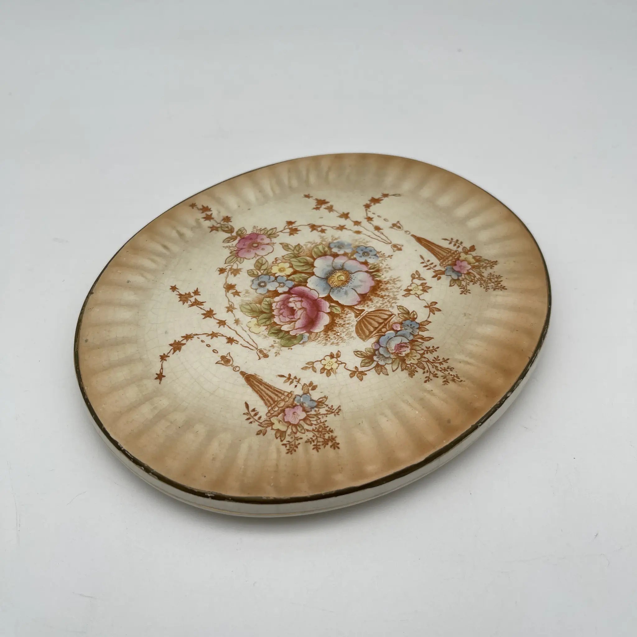 【アンティーク】 ポットスタンド (鍋敷き) / Crown Devon (クラウンデボン) / Spring / 1910-1920年代 / 陶器 / イギリス / 銅板転写, 手彩色 金彩