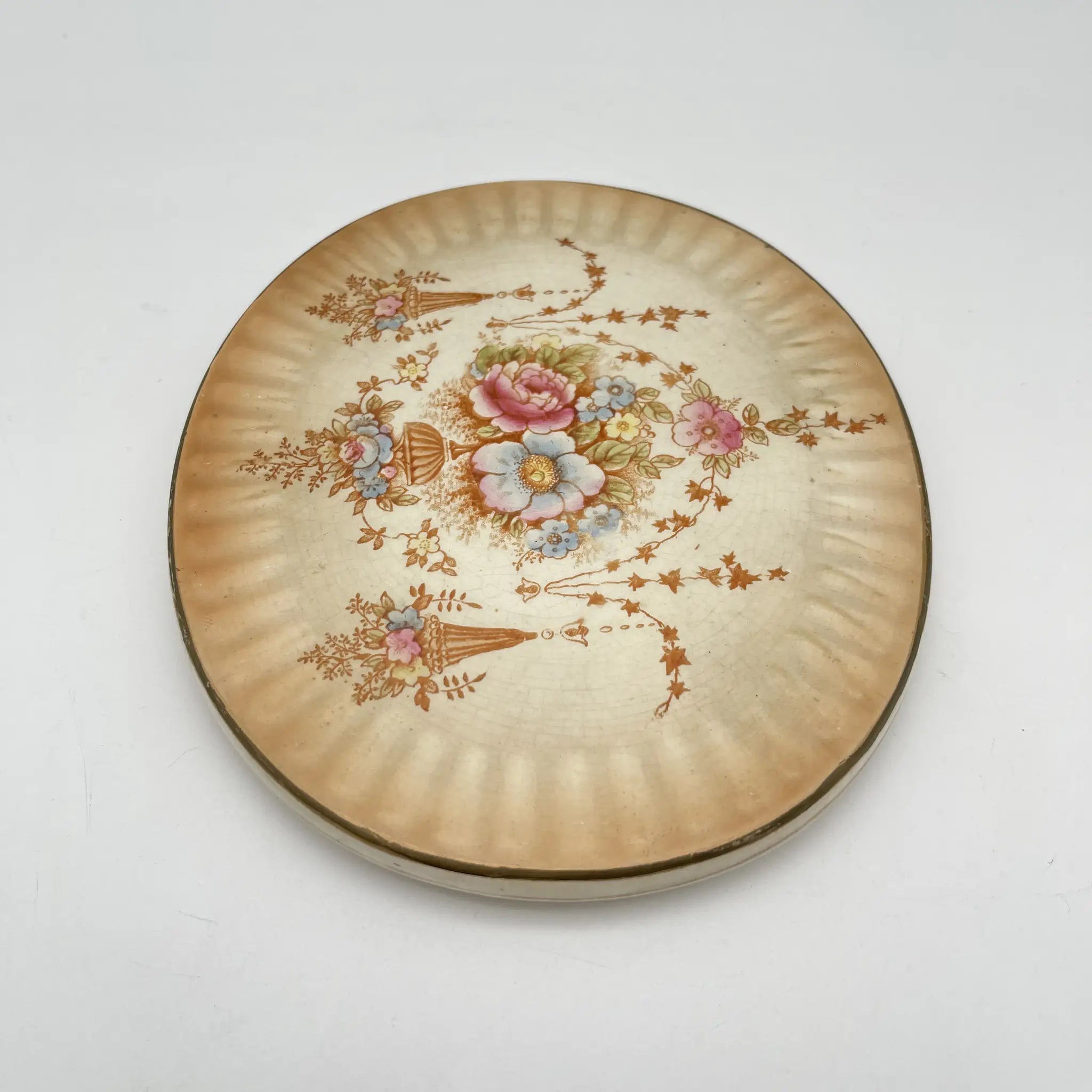 【アンティーク】 ポットスタンド (鍋敷き) / Crown Devon (クラウンデボン) / Spring / 1910-1920年代 / 陶器 / イギリス / 銅板転写, 手彩色 金彩