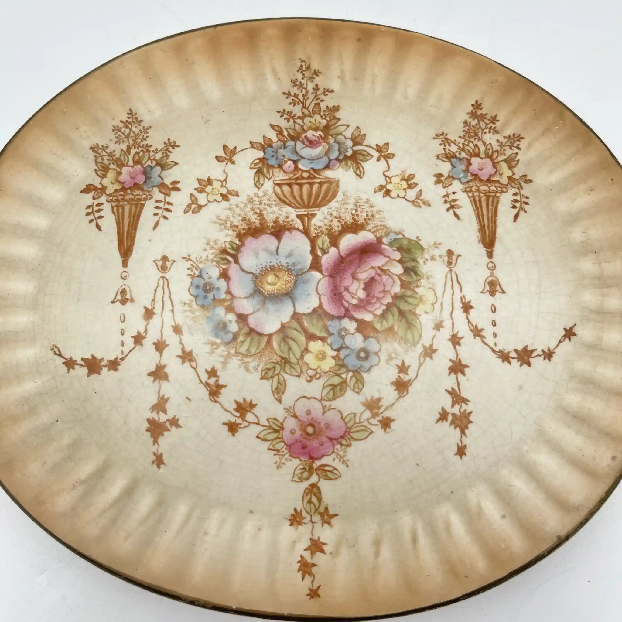 【アンティーク】 ポットスタンド (鍋敷き) / Crown Devon (クラウンデボン) / Spring / 1910-1920年代 / 陶器 / イギリス / 銅板転写, 手彩色 金彩