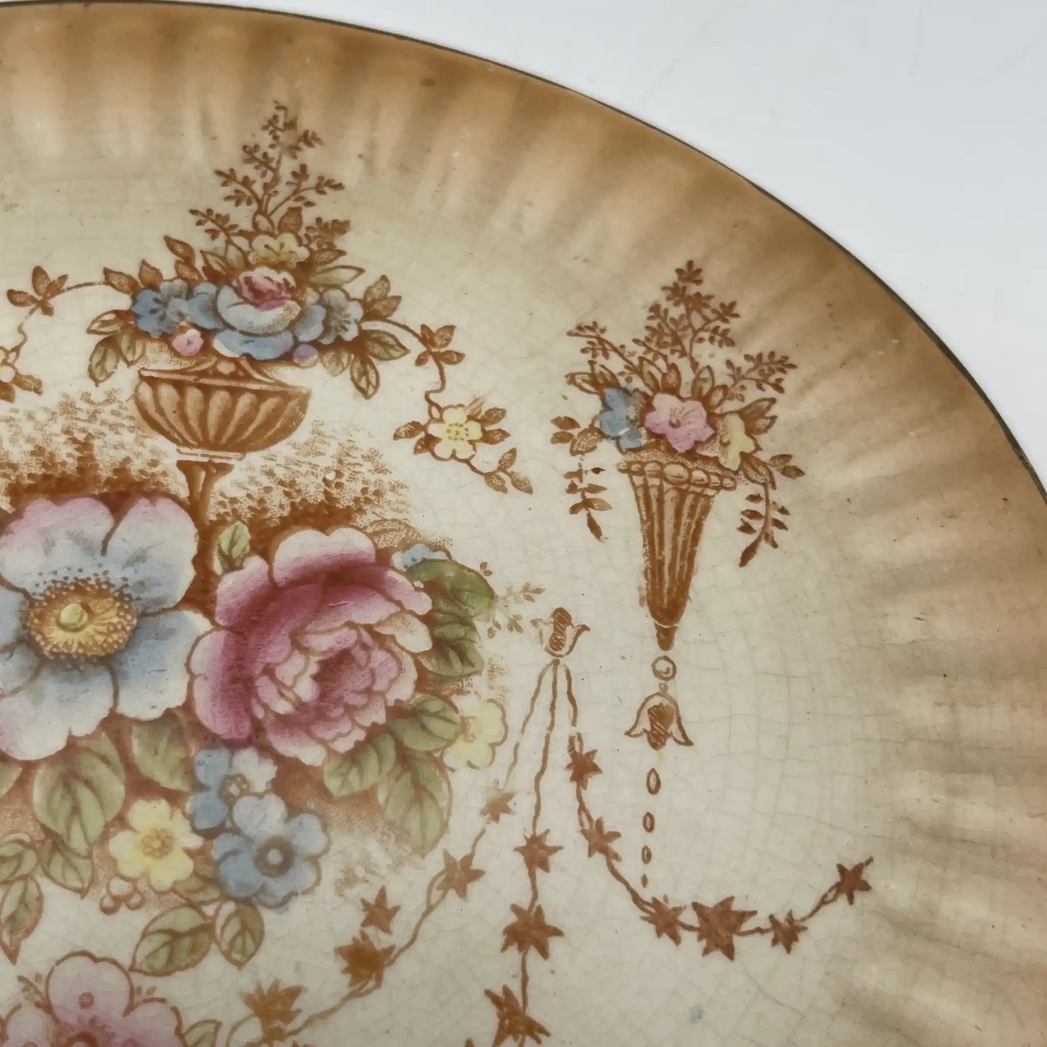 【アンティーク】 ポットスタンド (鍋敷き) / Crown Devon (クラウンデボン) / Spring / 1910-1920年代 / 陶器 / イギリス / 銅板転写, 手彩色 金彩