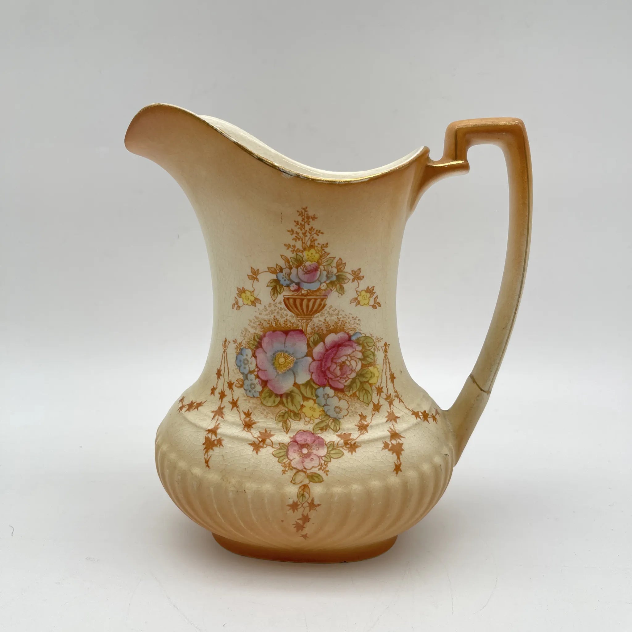 【アンティーク】 ジャグ (水差し) / Crown Devon (クラウンデボン) / Spring / 1910-1920年代 / 陶器 / イギリス / 銅板転写, 手彩色 金彩