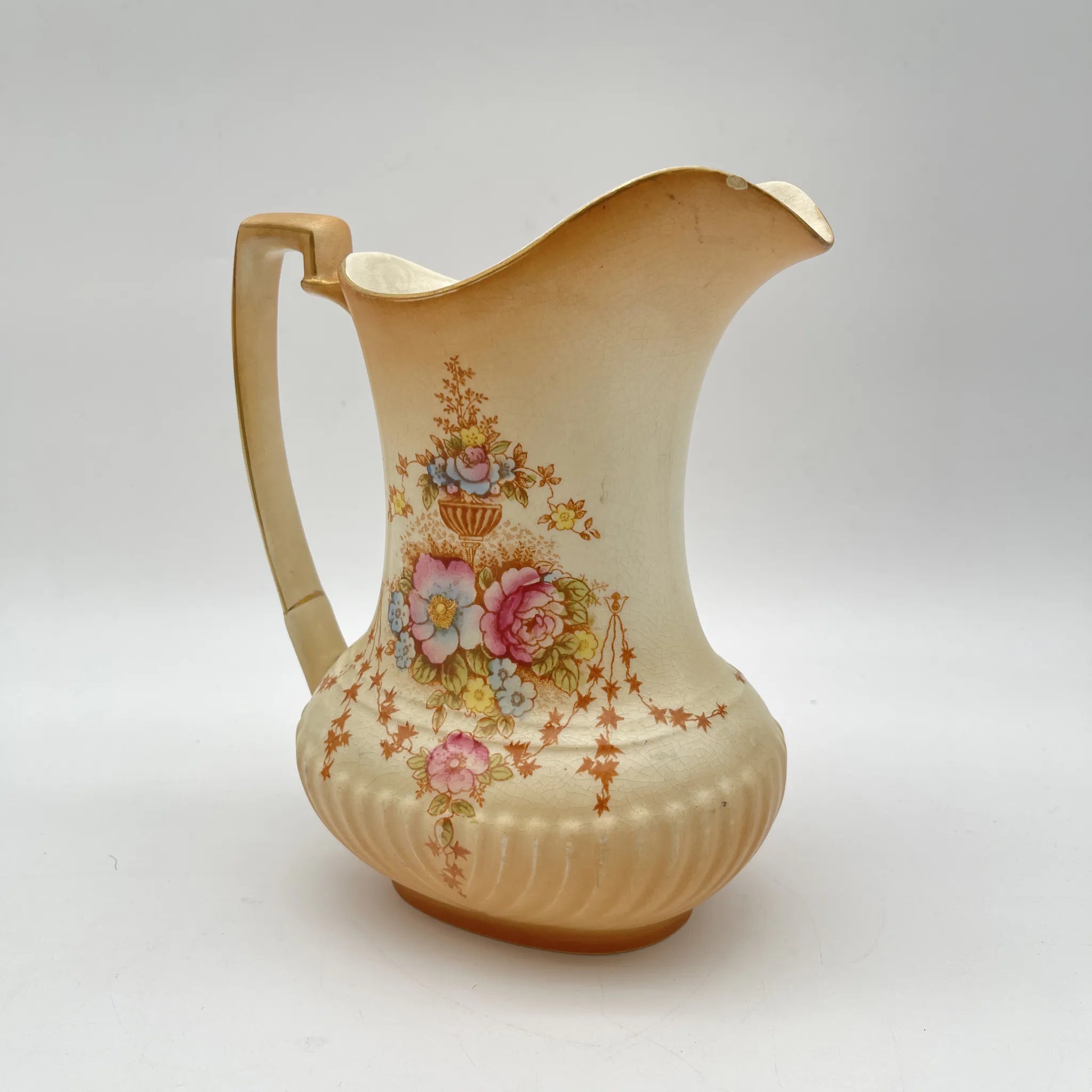 【アンティーク】 ジャグ (水差し) / Crown Devon (クラウンデボン) / Spring / 1910-1920年代 / 陶器 / イギリス / 銅板転写, 手彩色 金彩