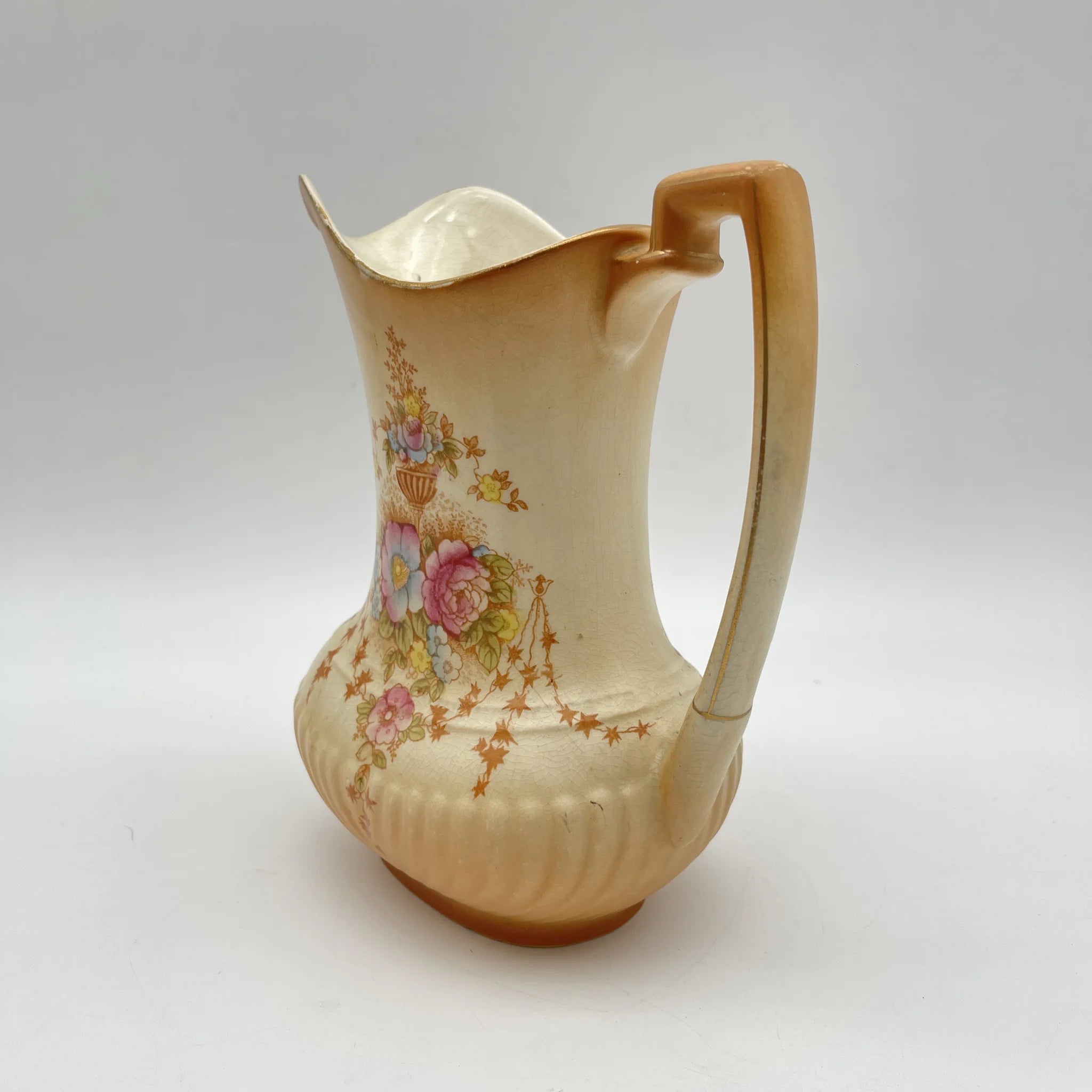 【アンティーク】 ジャグ (水差し) / Crown Devon (クラウンデボン) / Spring / 1910-1920年代 / 陶器 / イギリス / 銅板転写, 手彩色 金彩