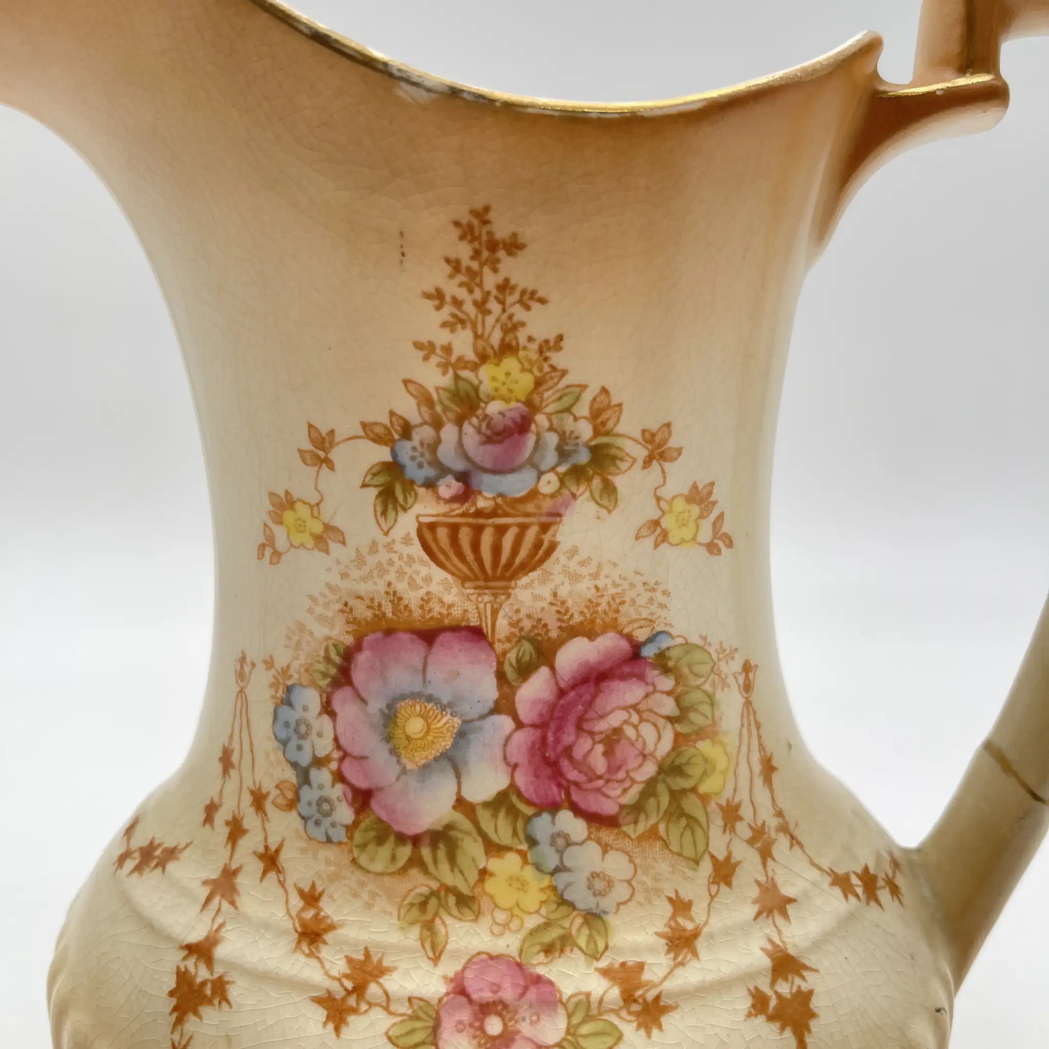 【アンティーク】 ジャグ (水差し) / Crown Devon (クラウンデボン) / Spring / 1910-1920年代 / 陶器 / イギリス / 銅板転写, 手彩色 金彩