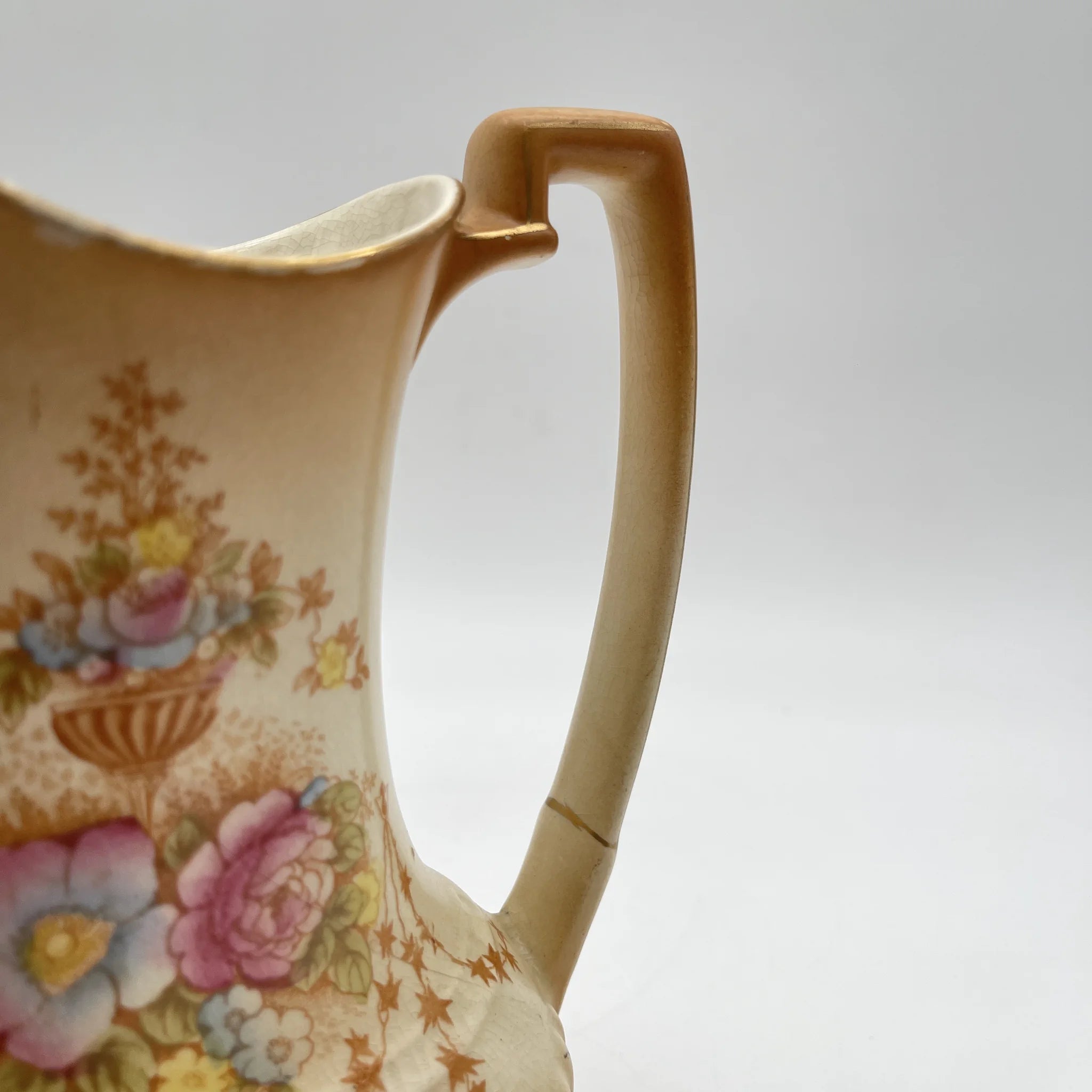 【アンティーク】 ジャグ (水差し) / Crown Devon (クラウンデボン) / Spring / 1910-1920年代 / 陶器 / イギリス / 銅板転写, 手彩色 金彩