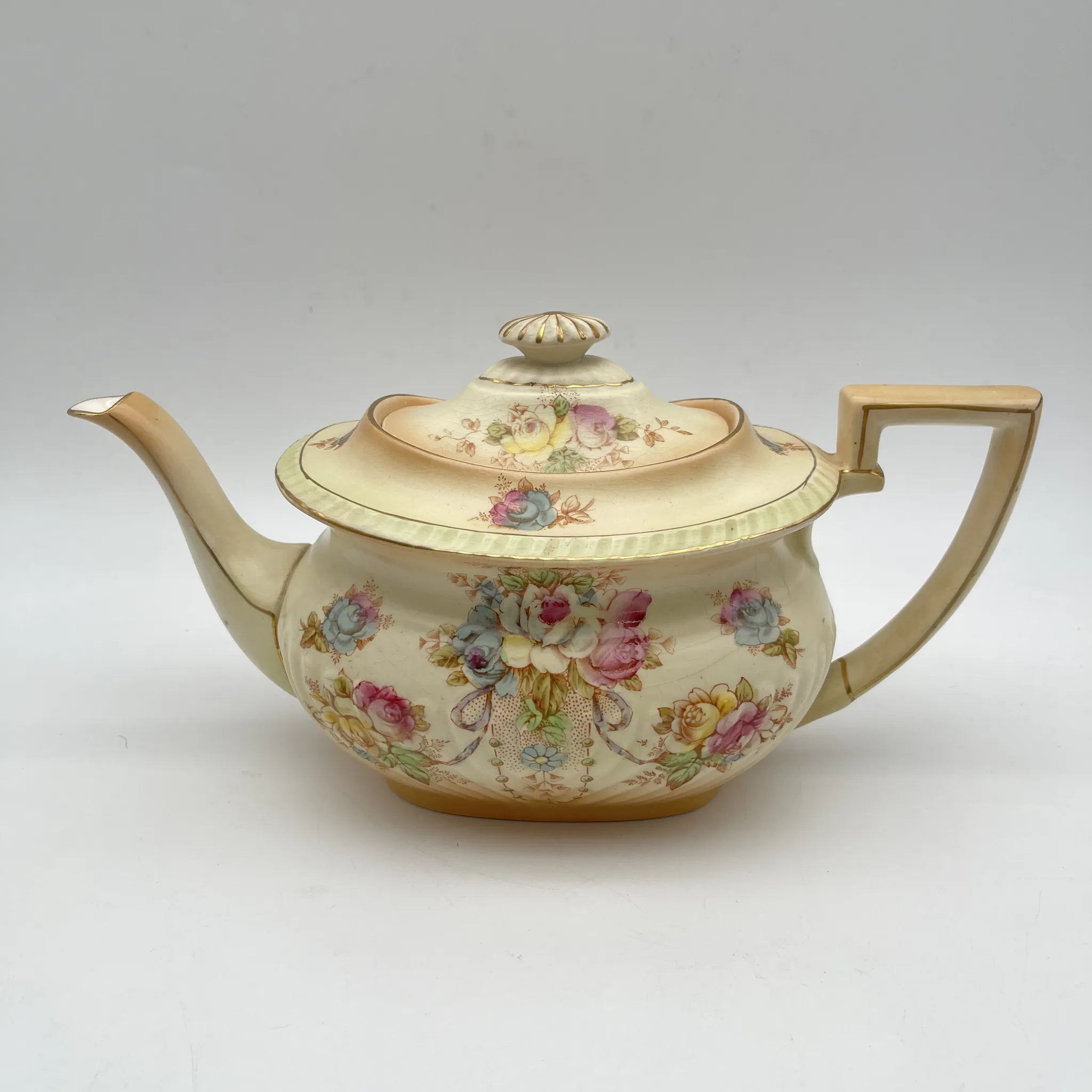 【古董】茶壶/ Crown Devon / Wye / 1910年代/陶器/英国/铜板转印,手工彩色金彩