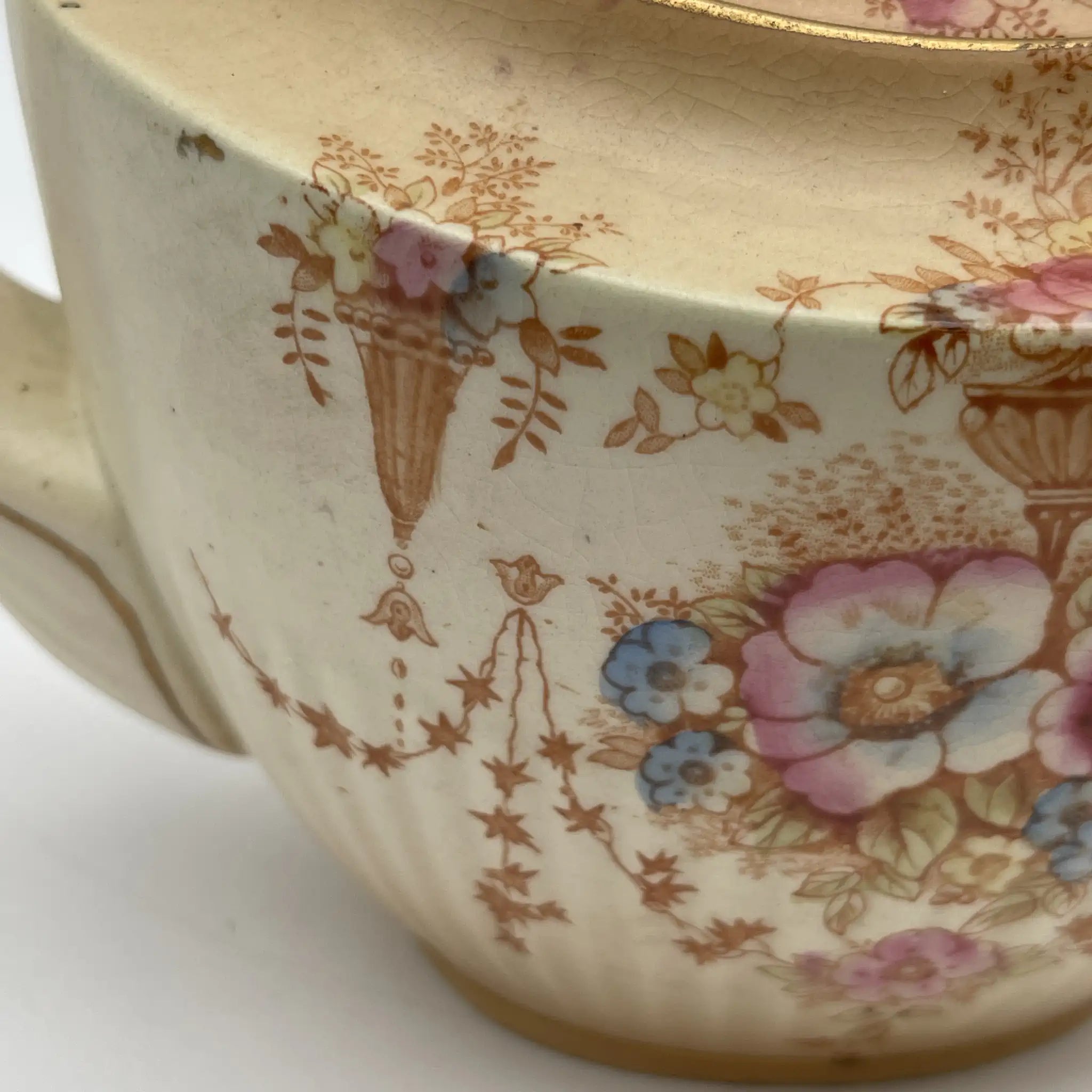 【アンティーク】 ティーポット / Crown Devon (クラウンデボン) / Spring / 1910-1920年代 / 陶器 / イギリス / 銅板転写, 手彩色 金彩