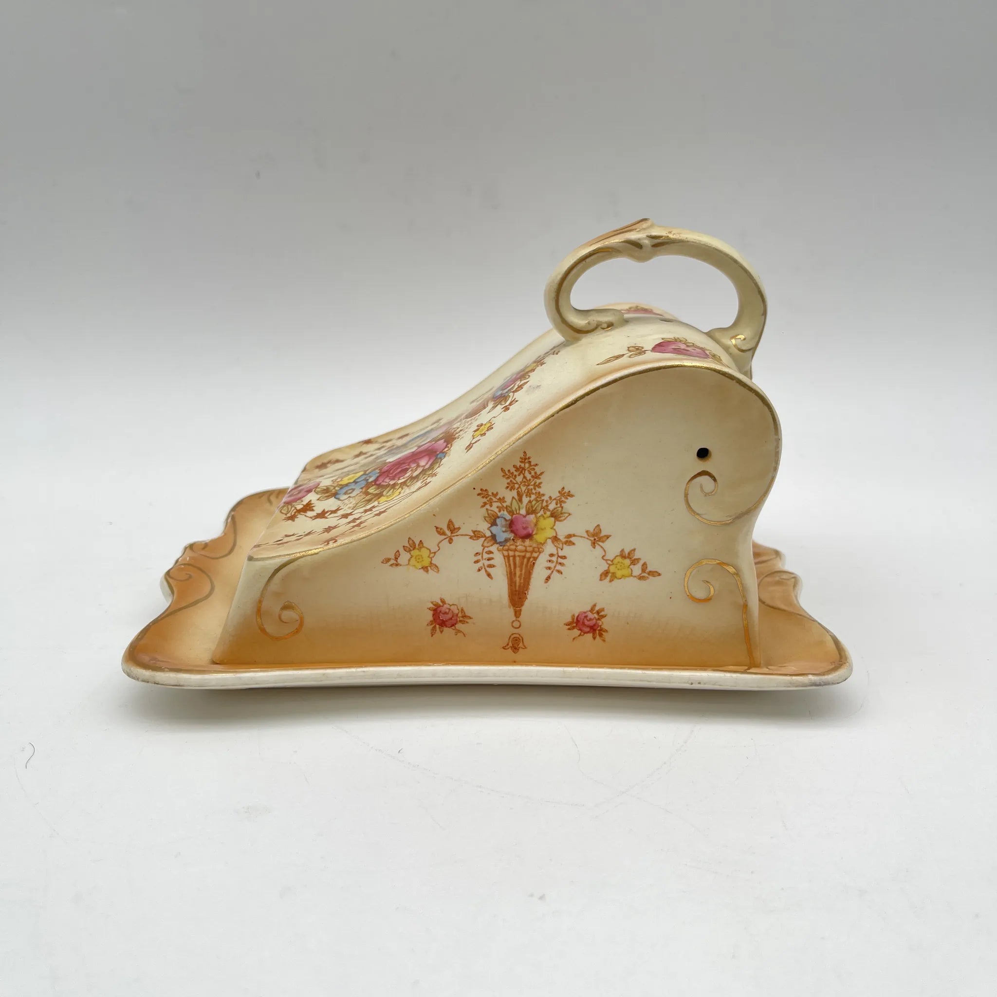 【アンティーク】 チーズ・バターディッシュ (チーズ・バターケース) / Crown Devon (クラウンデボン) / Spring / 1910-1920年代 / 陶器 / イギリス / 銅板転写, 手彩色 金彩