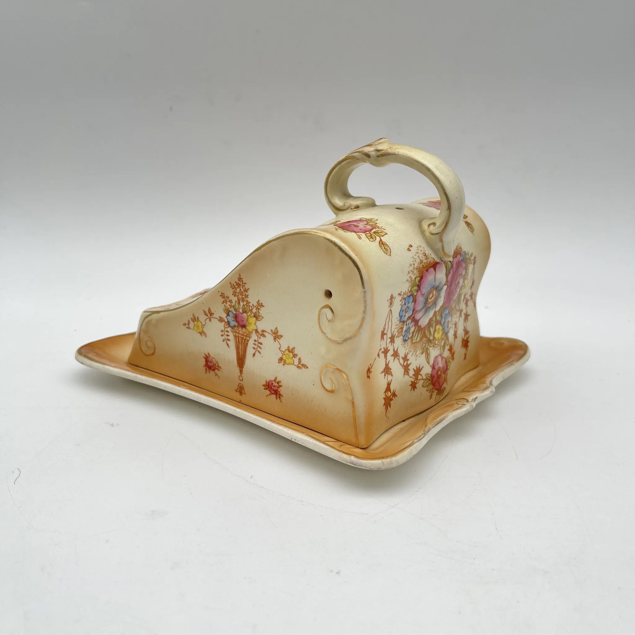 【アンティーク】 チーズ・バターディッシュ (チーズ・バターケース) / Crown Devon (クラウンデボン) / Spring / 1910-1920年代 / 陶器 / イギリス / 銅板転写, 手彩色 金彩
