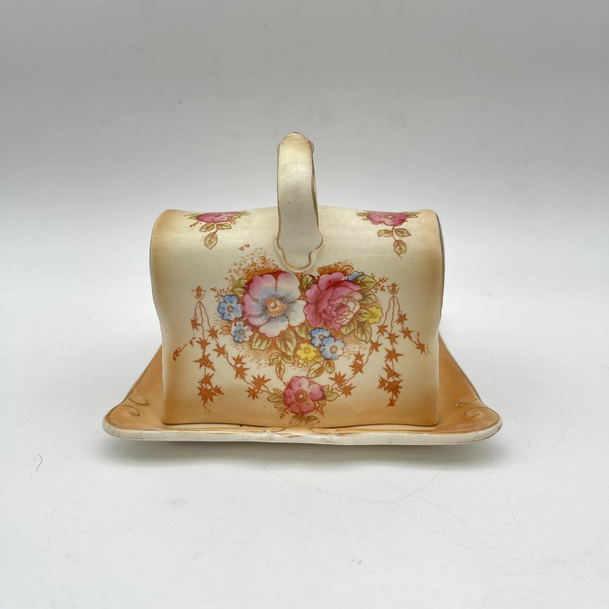 【アンティーク】 チーズ・バターディッシュ (チーズ・バターケース) / Crown Devon (クラウンデボン) / Spring / 1910-1920年代 / 陶器 / イギリス / 銅板転写, 手彩色 金彩