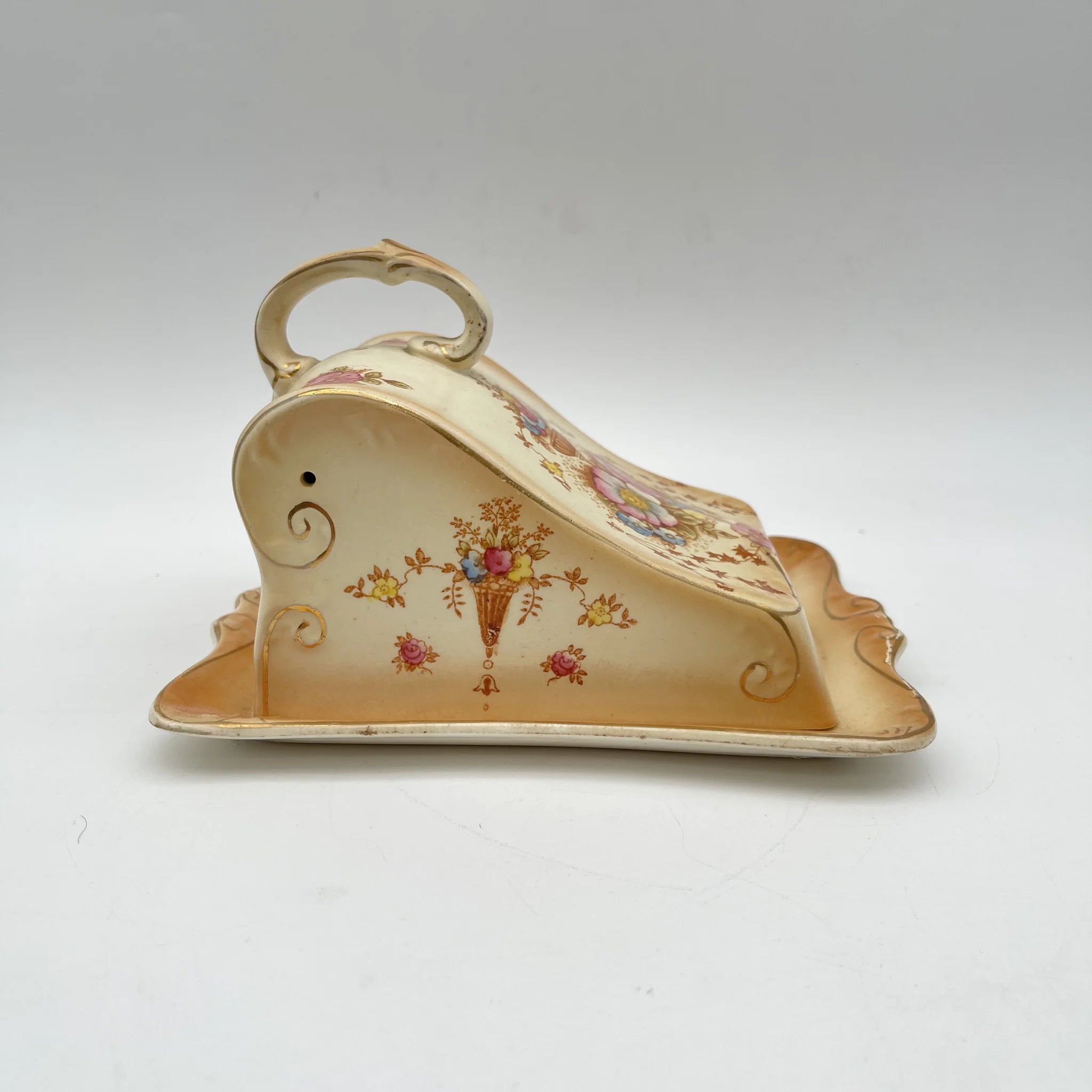 【アンティーク】 チーズ・バターディッシュ (チーズ・バターケース) / Crown Devon (クラウンデボン) / Spring / 1910-1920年代 / 陶器 / イギリス / 銅板転写, 手彩色 金彩