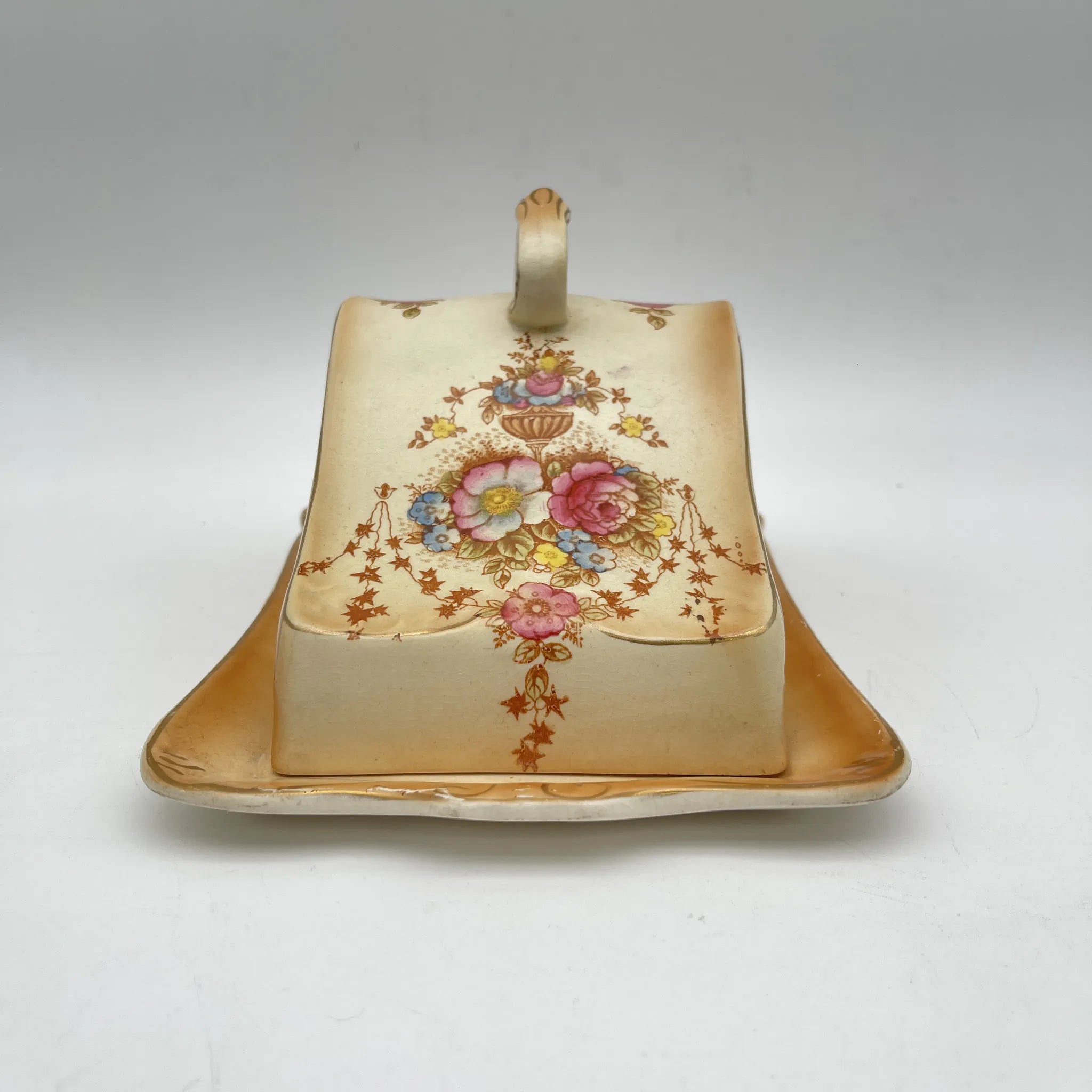 【アンティーク】 チーズ・バターディッシュ (チーズ・バターケース) / Crown Devon (クラウンデボン) / Spring / 1910-1920年代 / 陶器 / イギリス / 銅板転写, 手彩色 金彩