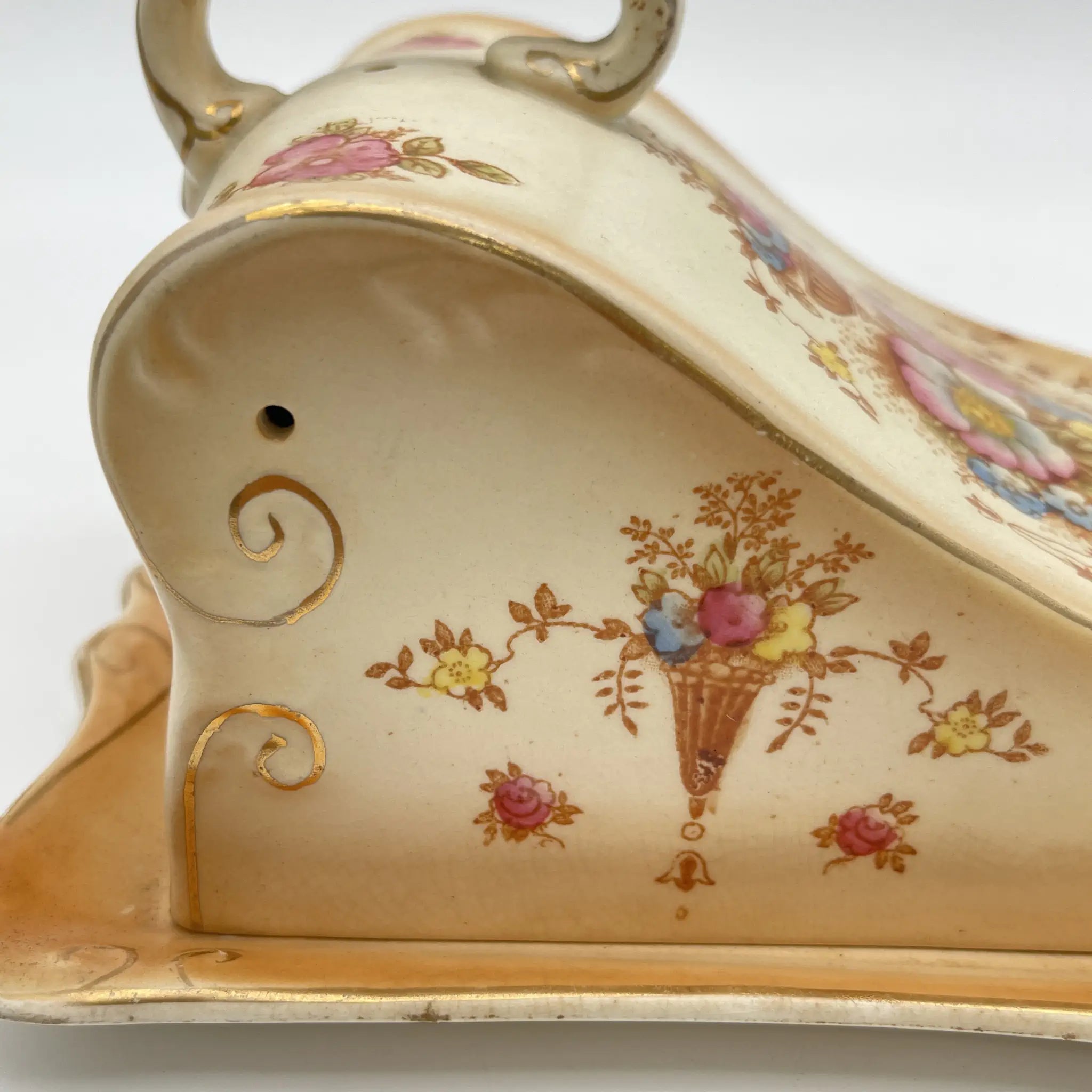【アンティーク】 チーズ・バターディッシュ (チーズ・バターケース) / Crown Devon (クラウンデボン) / Spring / 1910-1920年代 / 陶器 / イギリス / 銅板転写, 手彩色 金彩