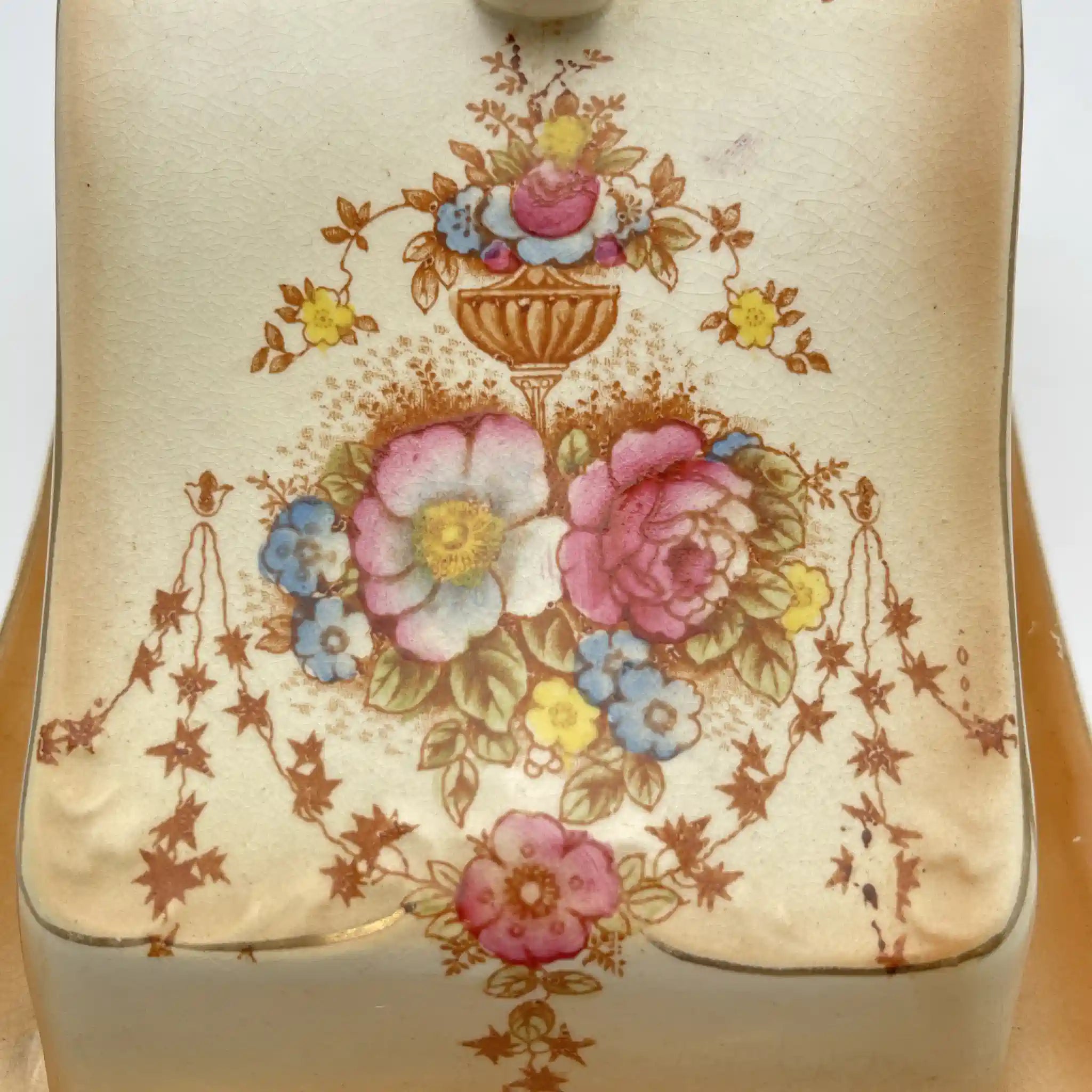 【アンティーク】 チーズ・バターディッシュ (チーズ・バターケース) / Crown Devon (クラウンデボン) / Spring / 1910-1920年代 / 陶器 / イギリス / 銅板転写, 手彩色 金彩