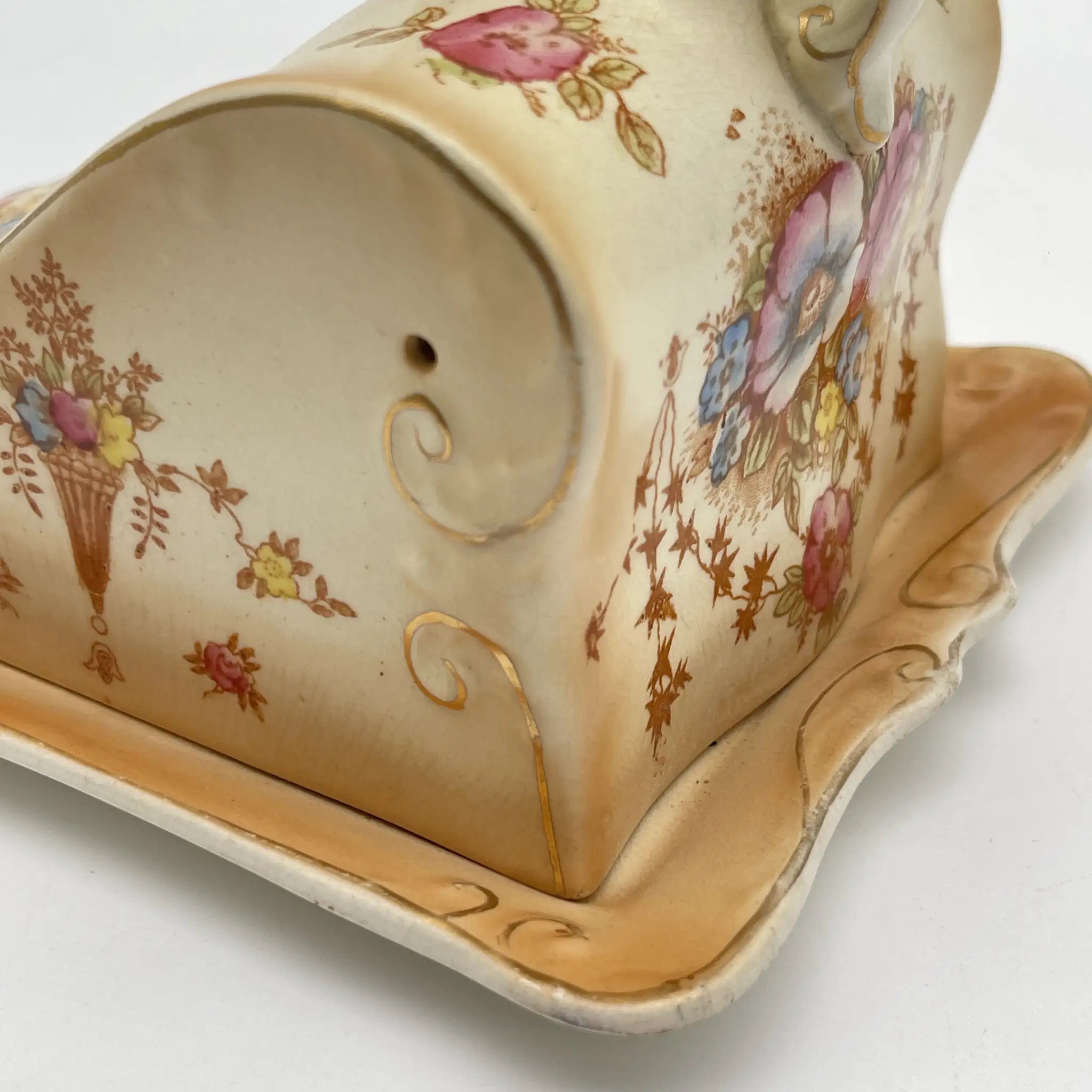 【アンティーク】 チーズ・バターディッシュ (チーズ・バターケース) / Crown Devon (クラウンデボン) / Spring / 1910-1920年代 / 陶器 / イギリス / 銅板転写, 手彩色 金彩