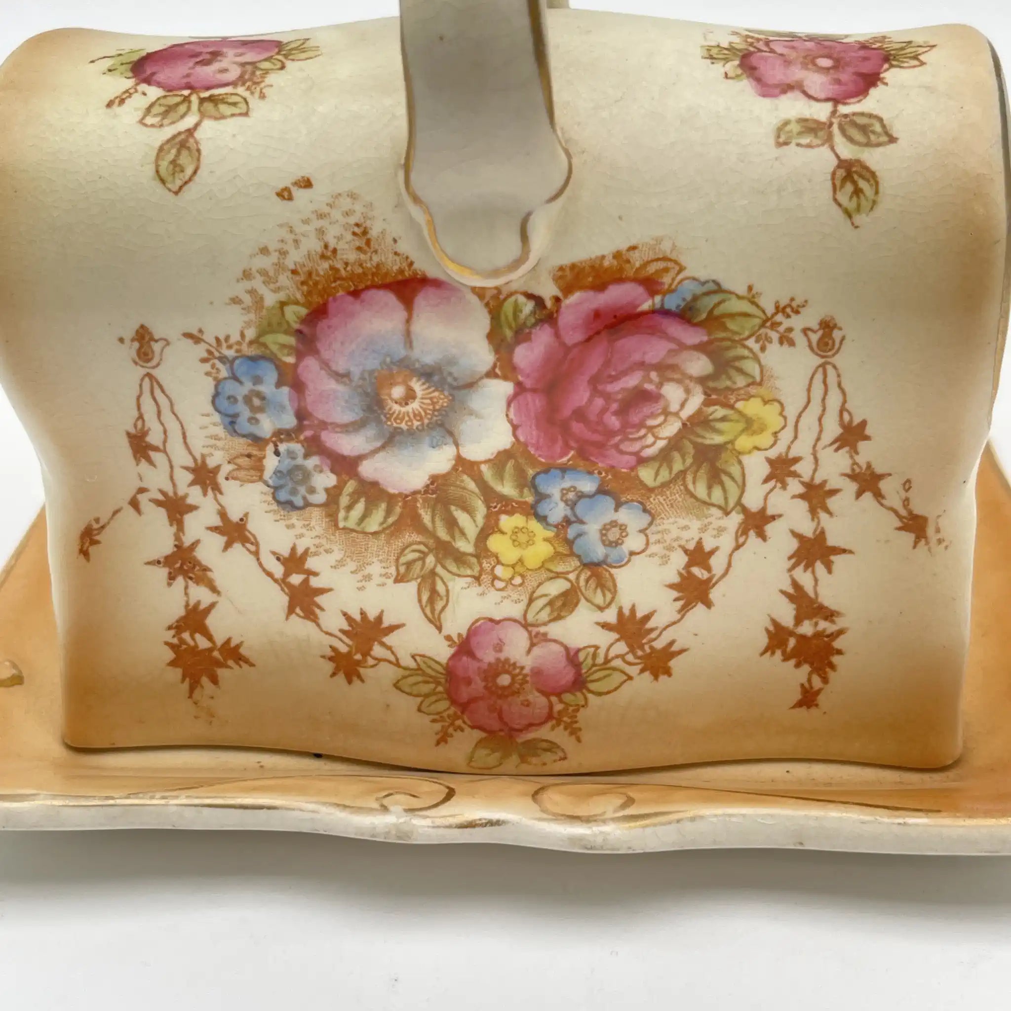 【アンティーク】 チーズ・バターディッシュ (チーズ・バターケース) / Crown Devon (クラウンデボン) / Spring / 1910-1920年代 / 陶器 / イギリス / 銅板転写, 手彩色 金彩