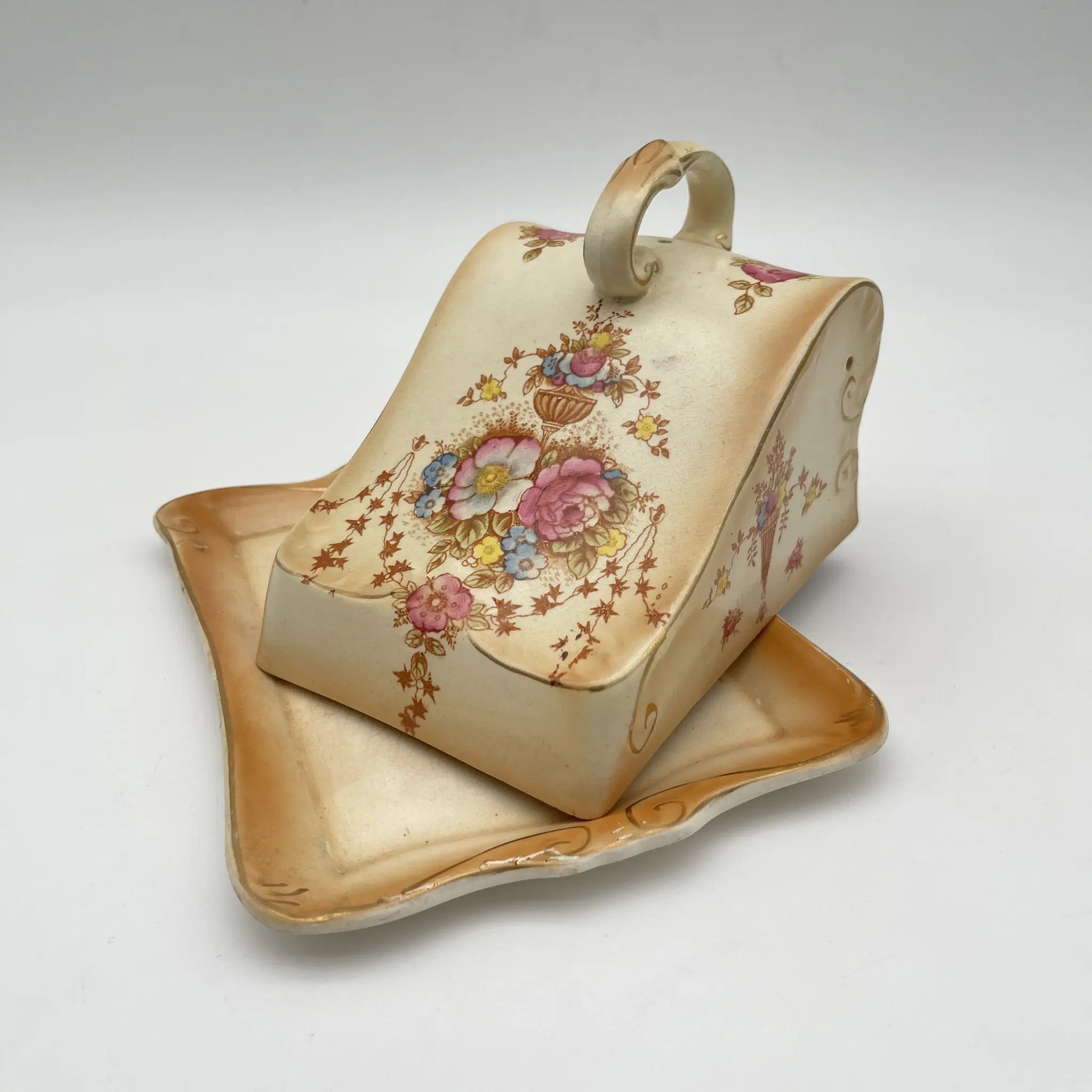 【アンティーク】 チーズ・バターディッシュ (チーズ・バターケース) / Crown Devon (クラウンデボン) / Spring / 1910-1920年代 / 陶器 / イギリス / 銅板転写, 手彩色 金彩