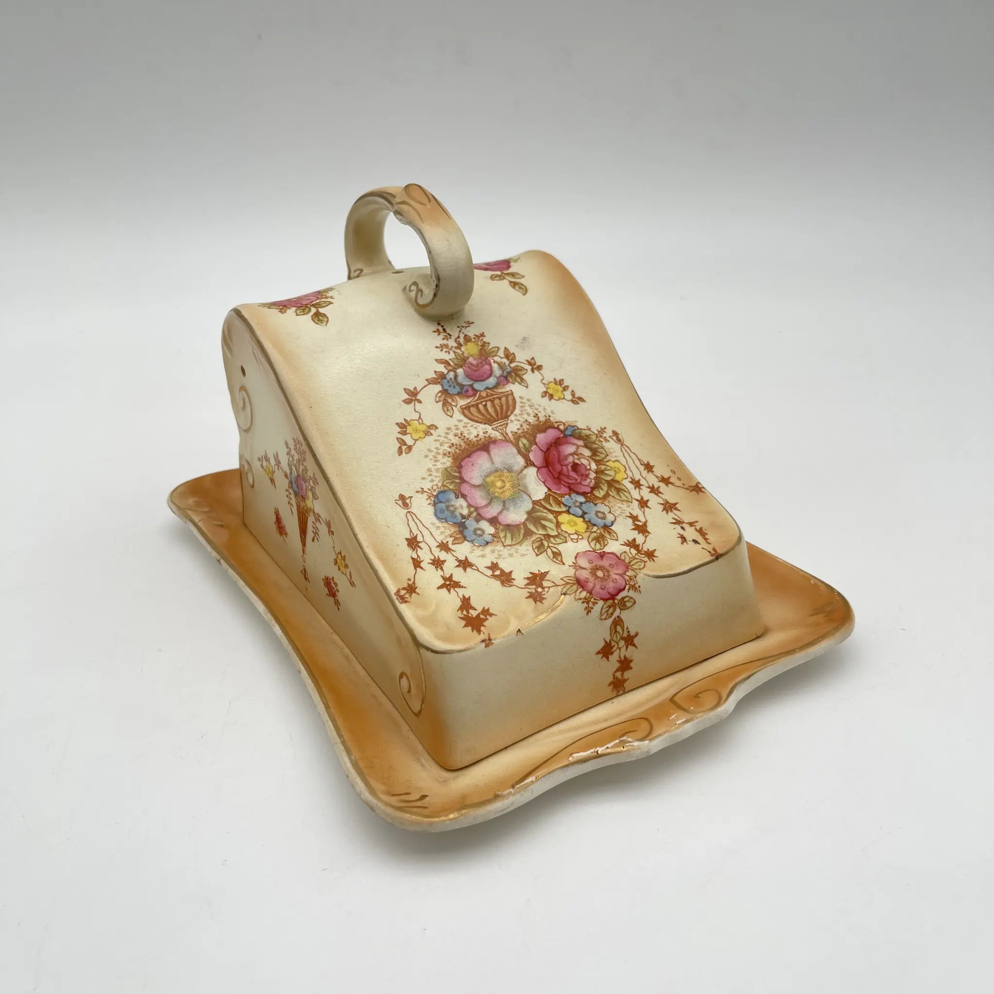 【アンティーク】 チーズ・バターディッシュ (チーズ・バターケース) / Crown Devon (クラウンデボン) / Spring / 1910-1920年代 / 陶器 / イギリス / 銅板転写, 手彩色 金彩