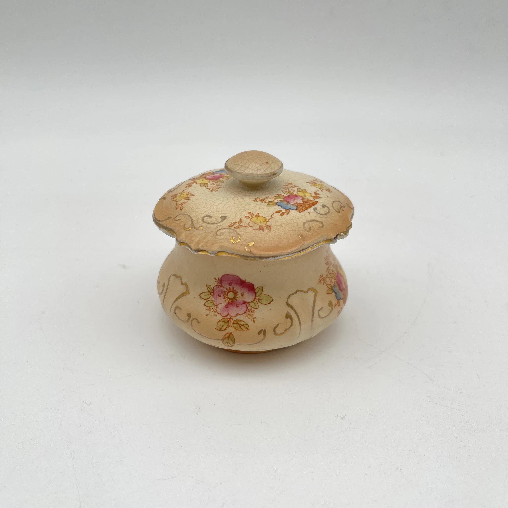 【アンティーク】 ポプリポット (小物入れ) / Crown Devon (クラウンデボン) / 1910-1920年代 (推定) / 陶器 / イギリス / 銅板転写, 手彩色 金彩