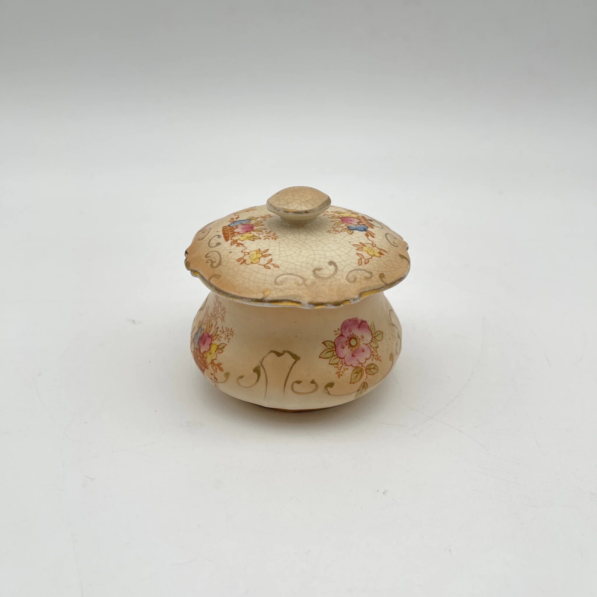 【アンティーク】 ポプリポット (小物入れ) / Crown Devon (クラウンデボン) / 1910-1920年代 (推定) / 陶器 / イギリス / 銅板転写, 手彩色 金彩