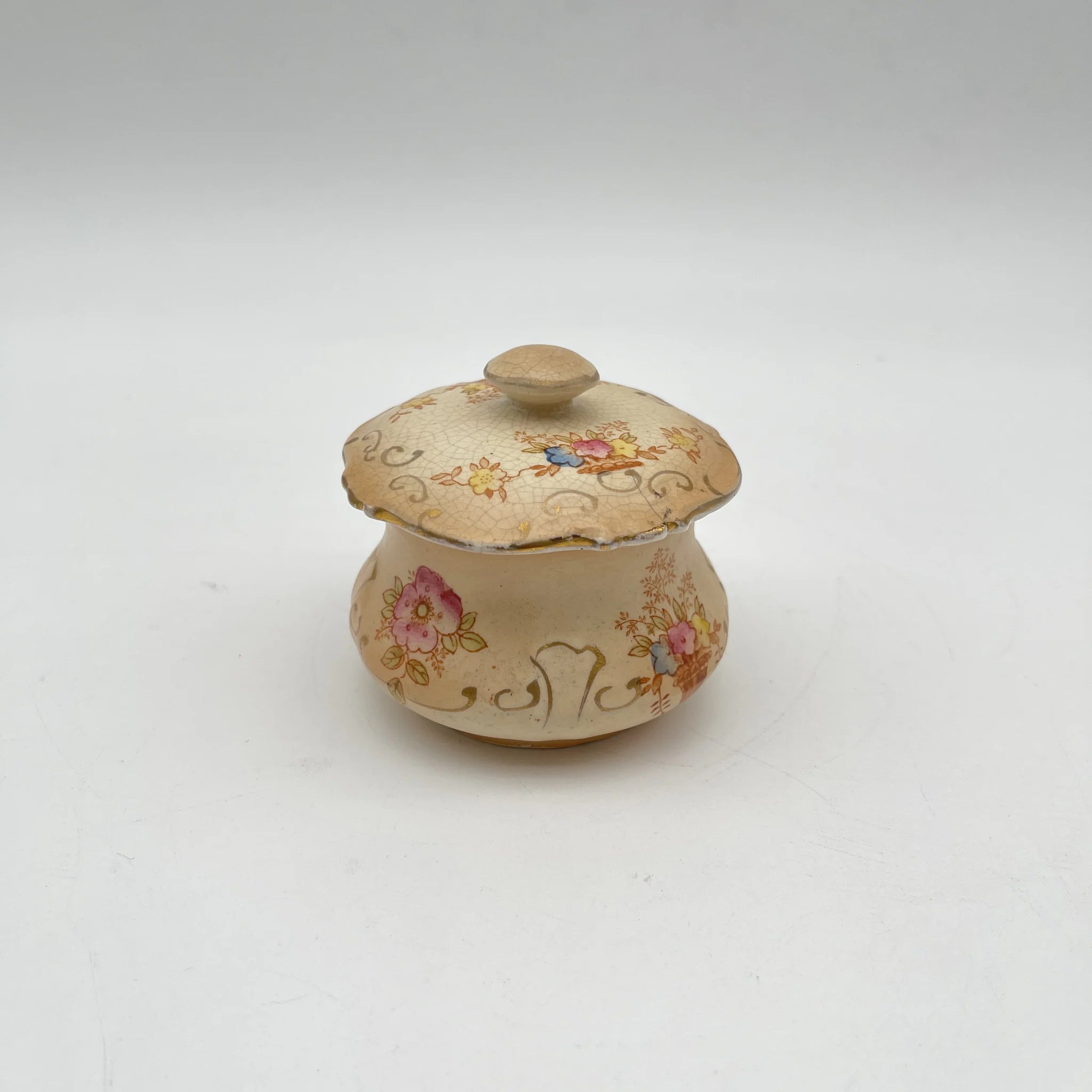 【アンティーク】 ポプリポット (小物入れ) / Crown Devon (クラウンデボン) / 1910-1920年代 (推定) / 陶器 / イギリス / 銅板転写, 手彩色 金彩