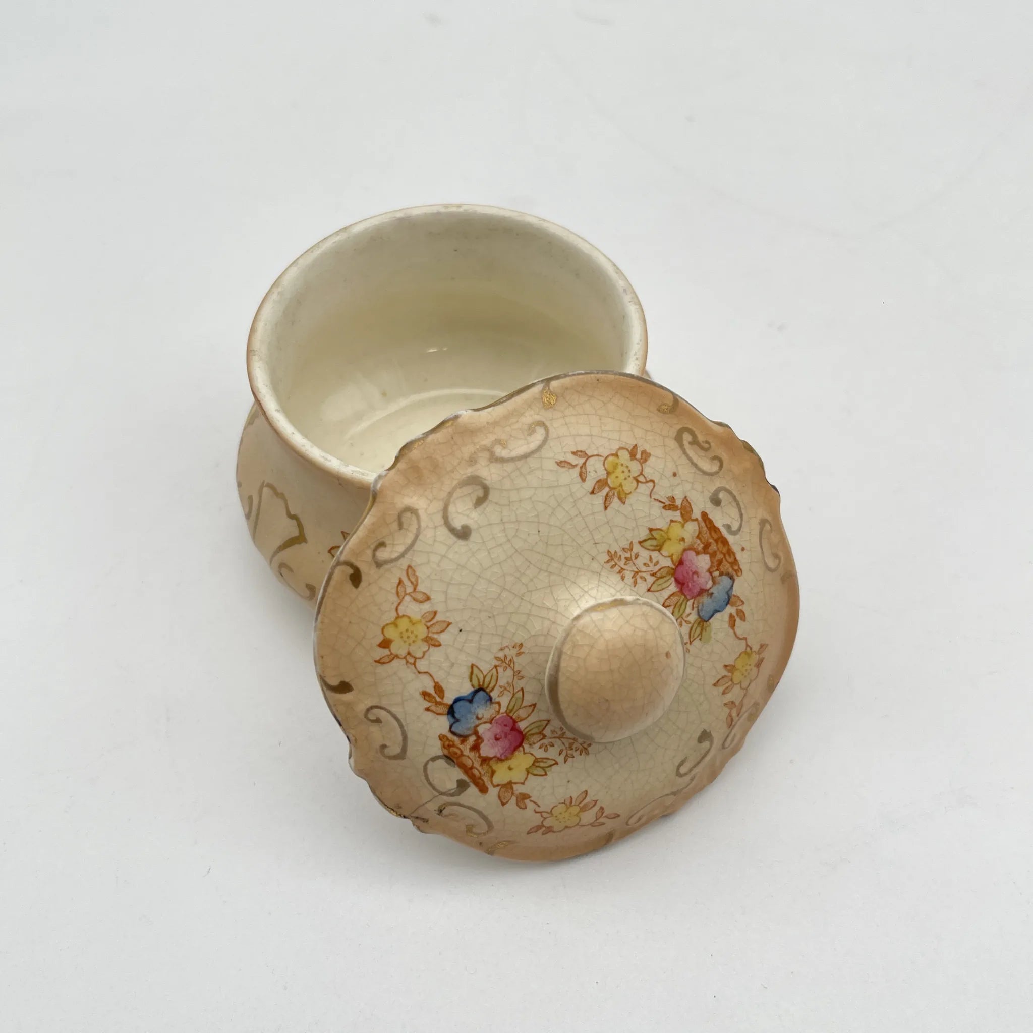 【アンティーク】 ポプリポット (小物入れ) / Crown Devon (クラウンデボン) / 1910-1920年代 (推定) / 陶器 / イギリス / 銅板転写, 手彩色 金彩