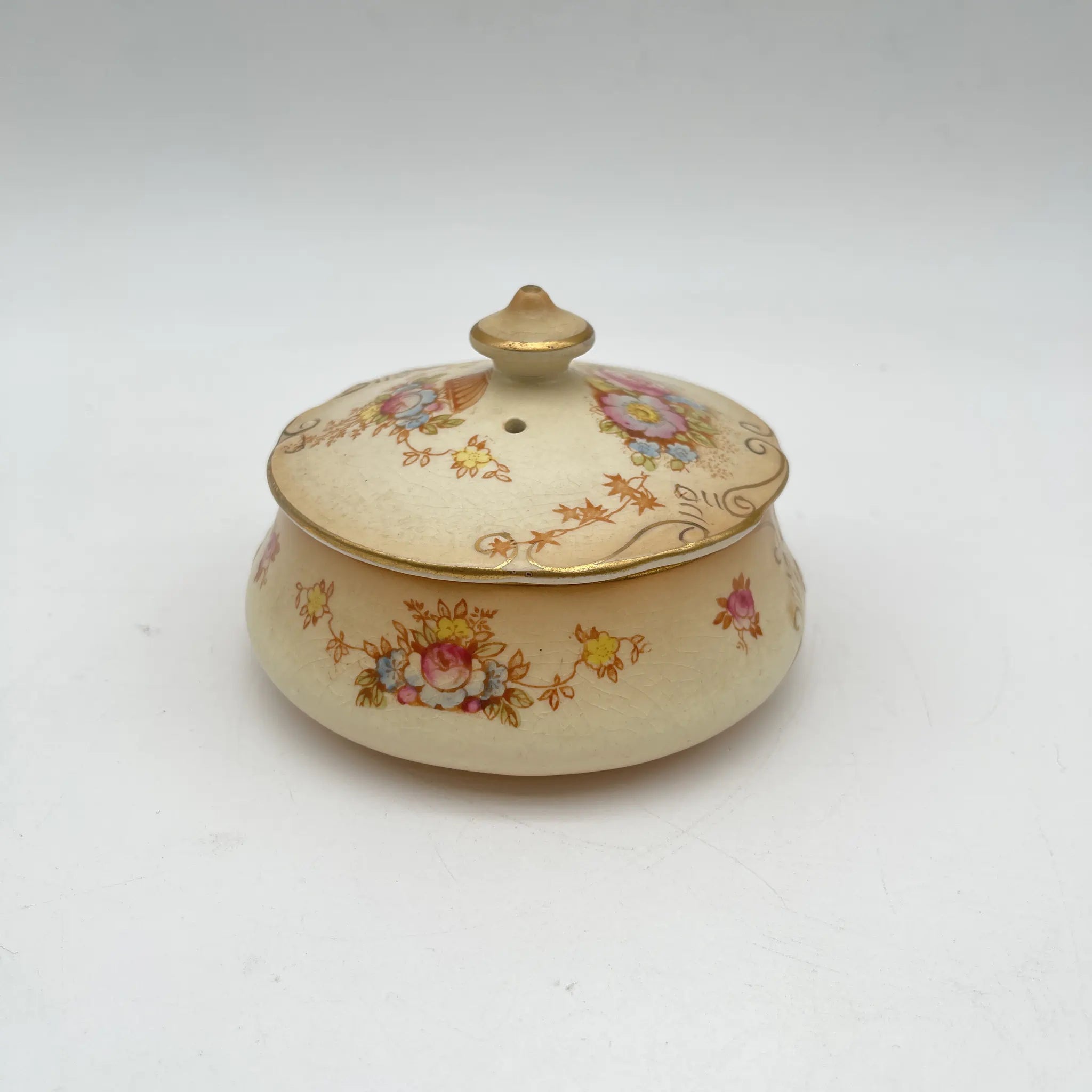 【アンティーク】 ポプリポット (小物入れ) / Crown Devon (クラウンデボン) / Spring / 1910-1920年代 / 陶器 / イギリス / 銅板転写, 手彩色 金彩