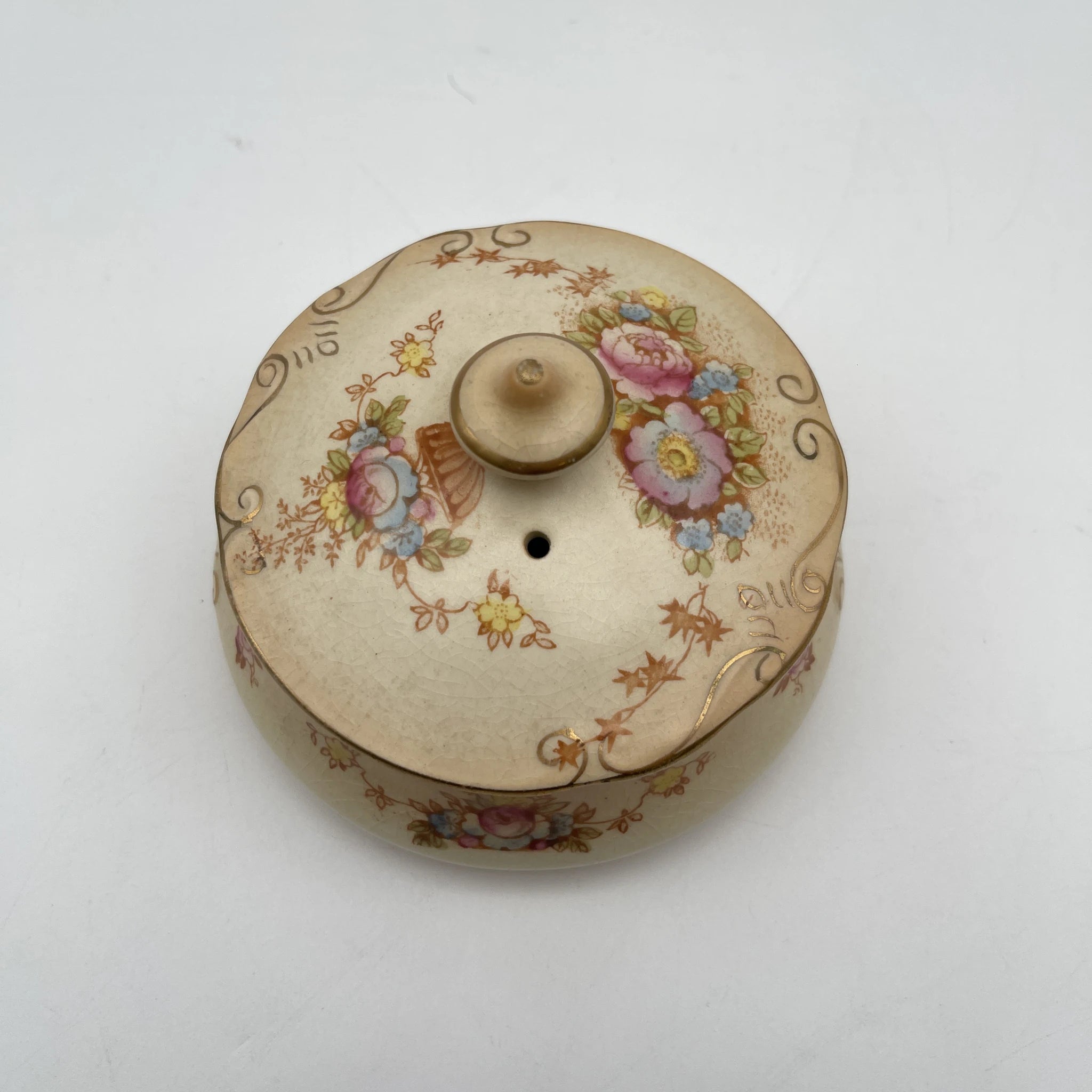 【アンティーク】 ポプリポット (小物入れ) / Crown Devon (クラウンデボン) / Spring / 1910-1920年代 / 陶器 / イギリス / 銅板転写, 手彩色 金彩