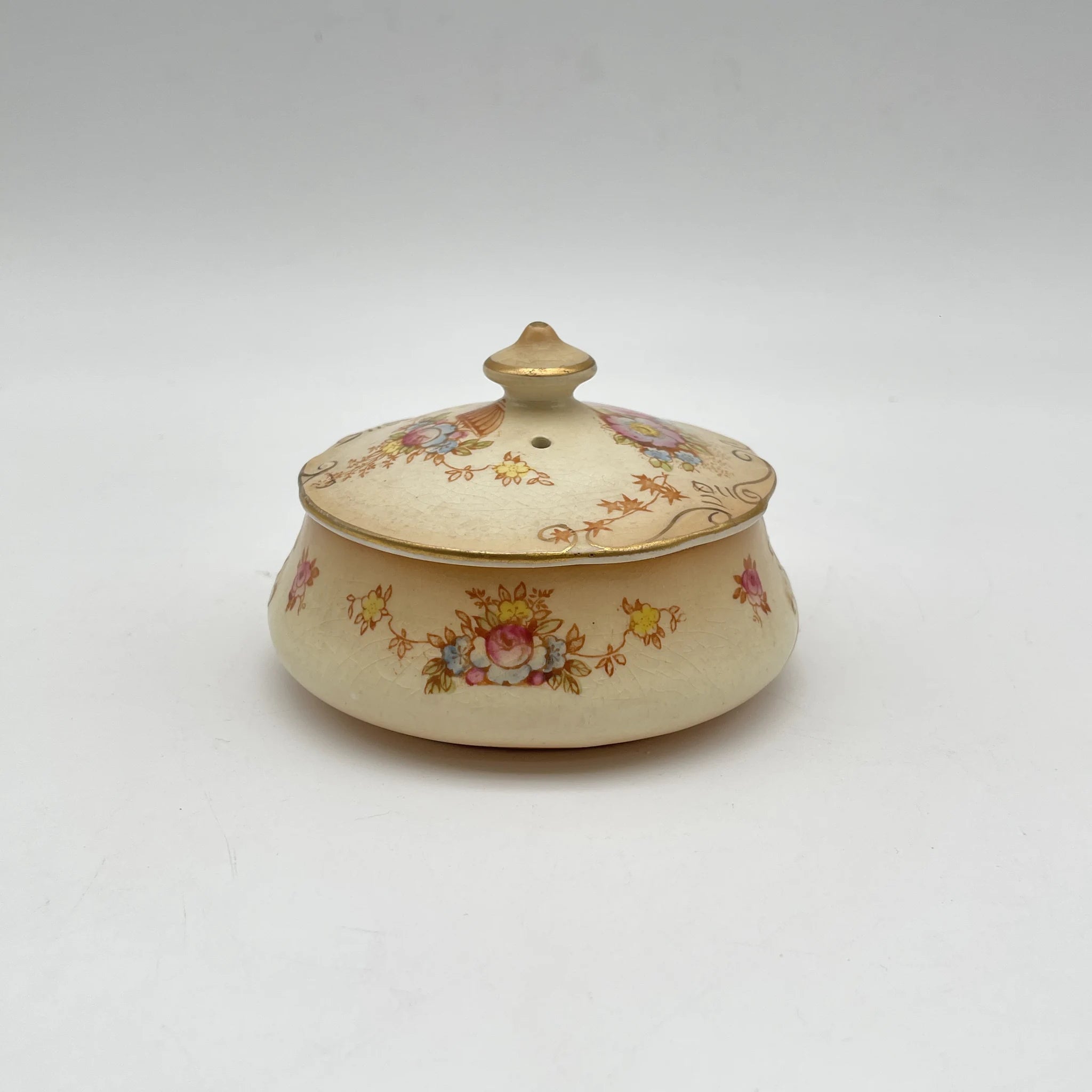 【アンティーク】 ポプリポット (小物入れ) / Crown Devon (クラウンデボン) / Spring / 1910-1920年代 / 陶器 / イギリス / 銅板転写, 手彩色 金彩
