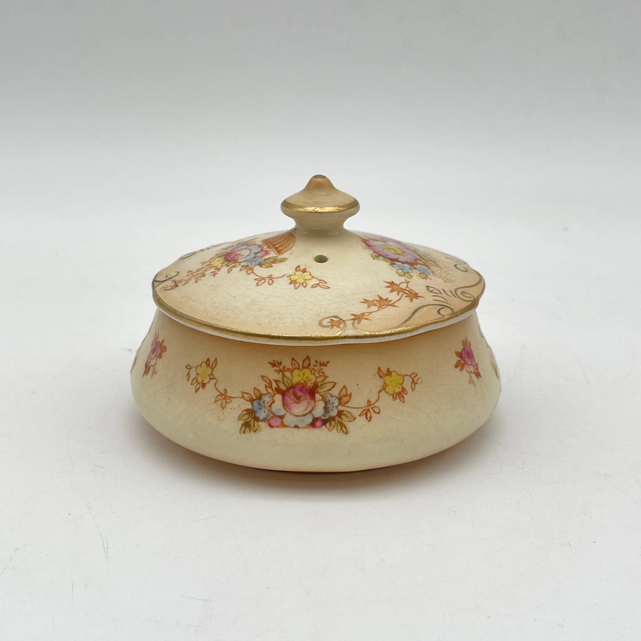 【アンティーク】 ポプリポット (小物入れ) / Crown Devon (クラウンデボン) / Spring / 1910-1920年代 / 陶器 / イギリス / 銅板転写, 手彩色 金彩