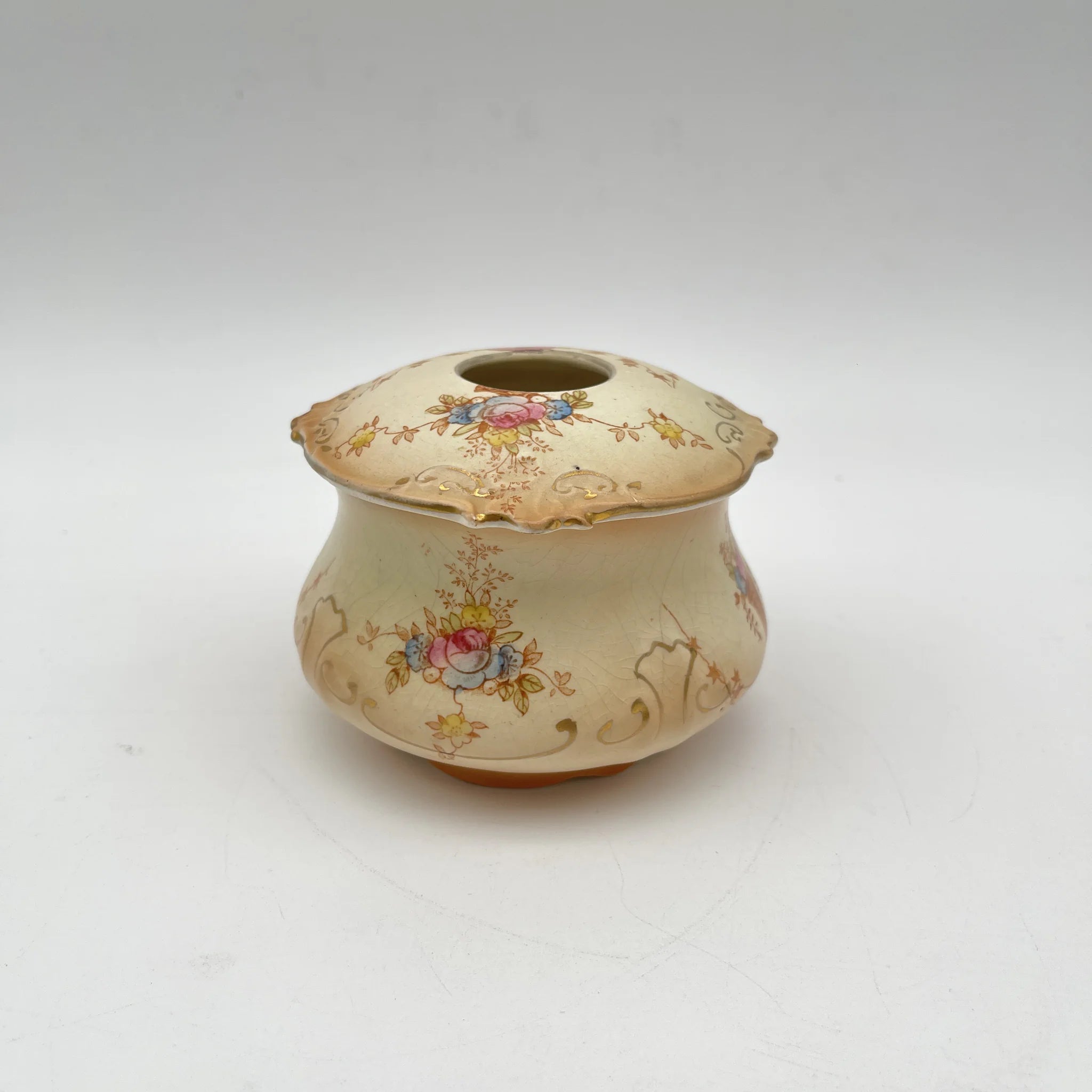 【アンティーク】 ポプリポット (小物入れ) / Crown Devon (クラウンデボン) / 1910-1920年代 (推定) / 陶器 / イギリス / 銅板転写, 手彩色 金彩