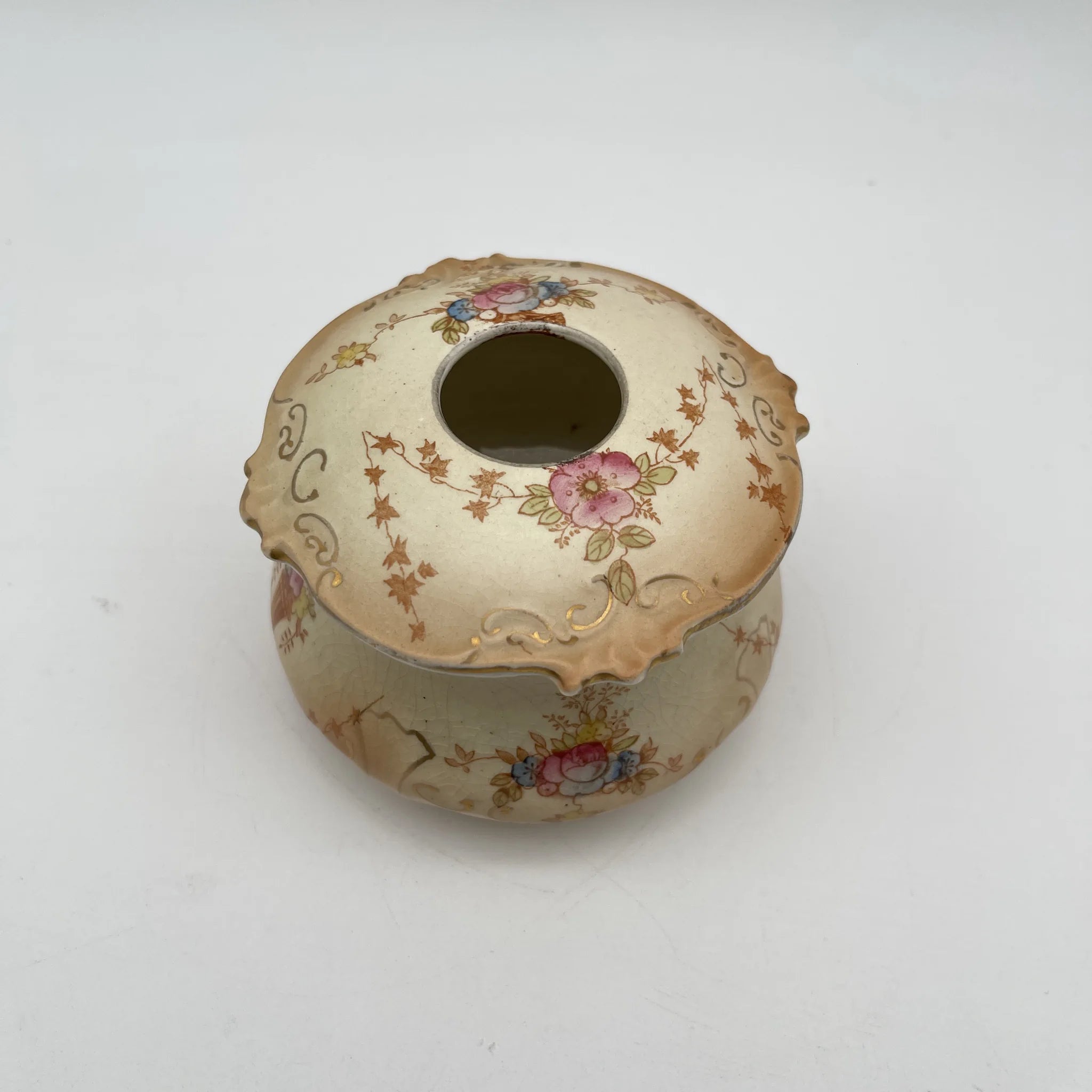 【古董】小罐/ Crown Devon / 1910-1920年代(推测)/陶器/英国/铜板转印,手工金彩