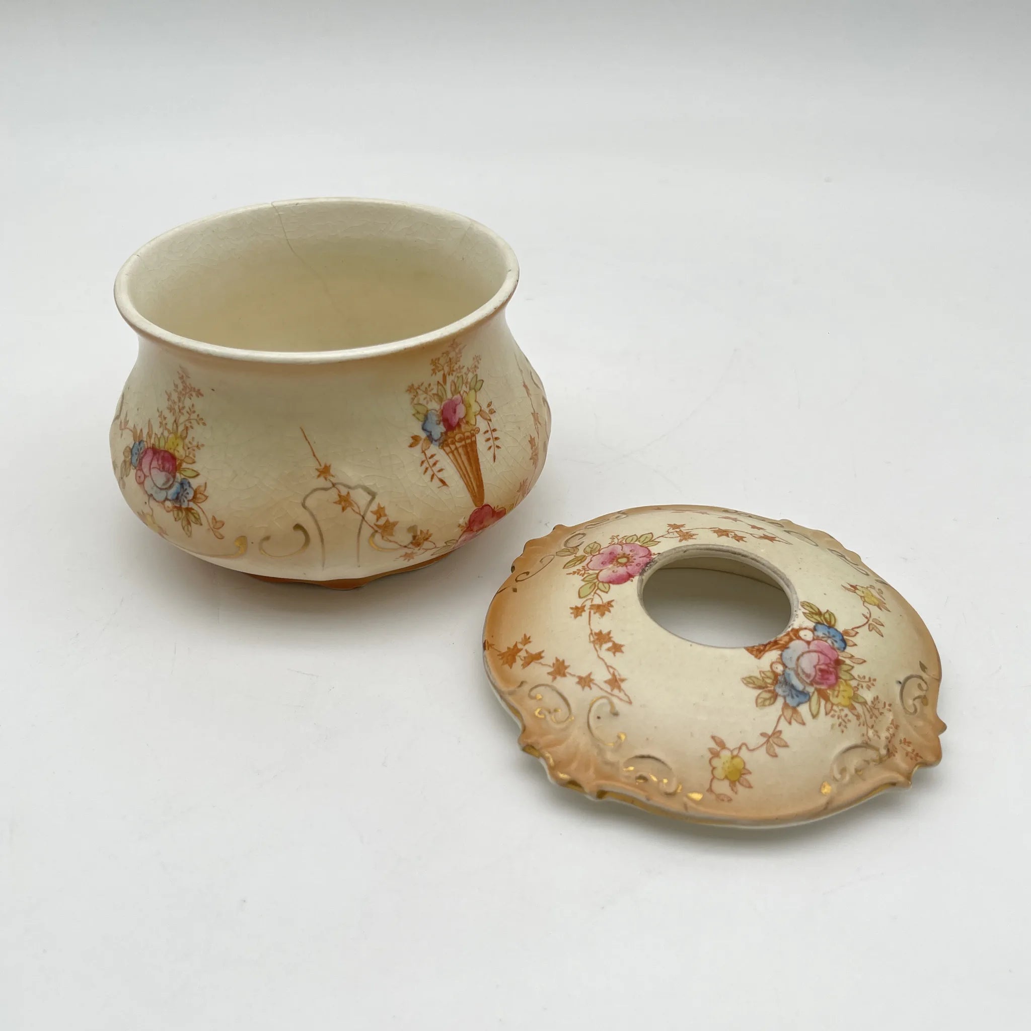 【古董】小罐/ Crown Devon / 1910-1920年代(推测)/陶器/英国/铜板转印,手工金彩