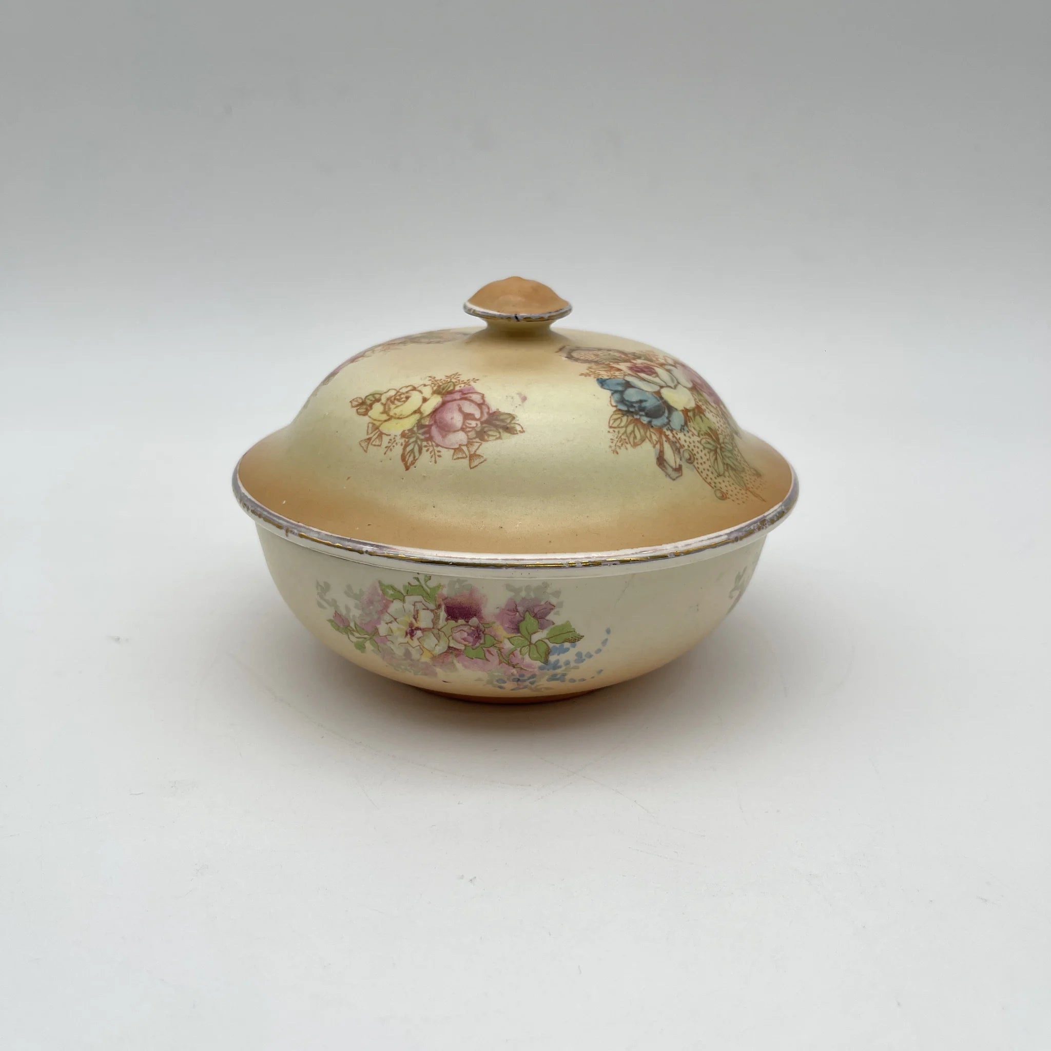 【古董】肥皂碟+备用盖/ Crown Devon / 1890-1910年代/陶器/英国/铜板转印,手工金彩