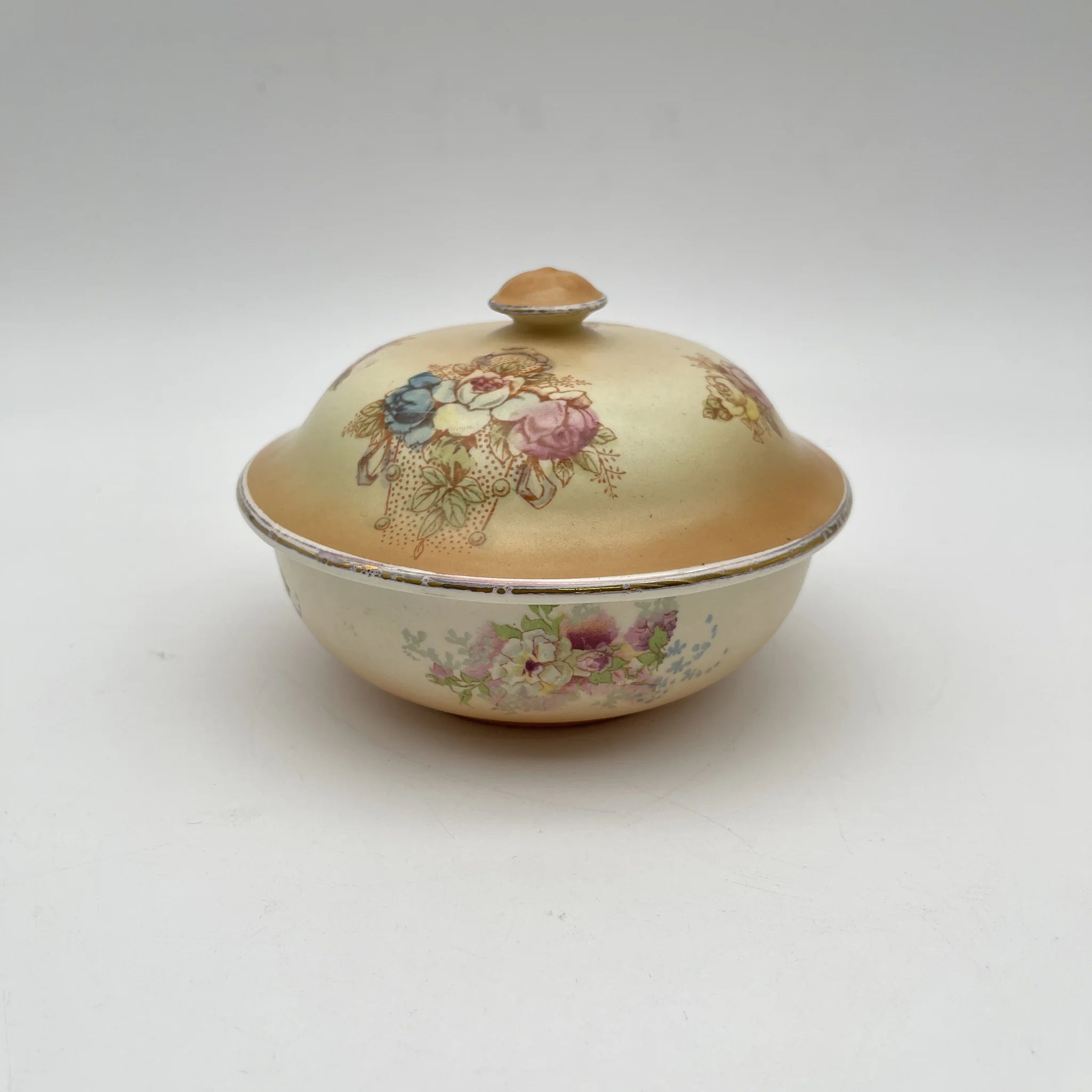 【古董】肥皂碟+备用盖/ Crown Devon / 1890-1910年代/陶器/英国/铜板转印,手工金彩