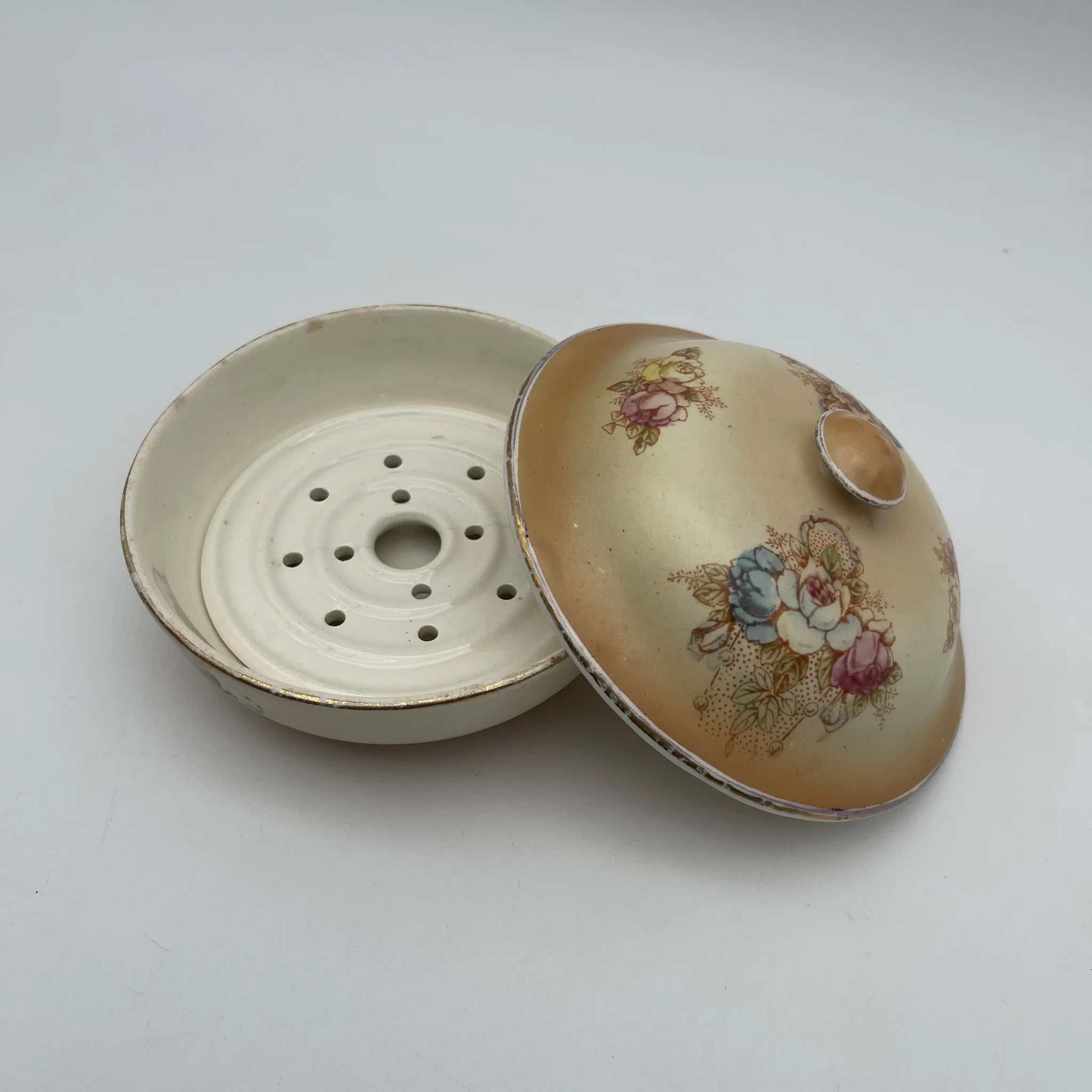 【古董】肥皂碟+备用盖/ Crown Devon / 1890-1910年代/陶器/英国/铜板转印,手工金彩