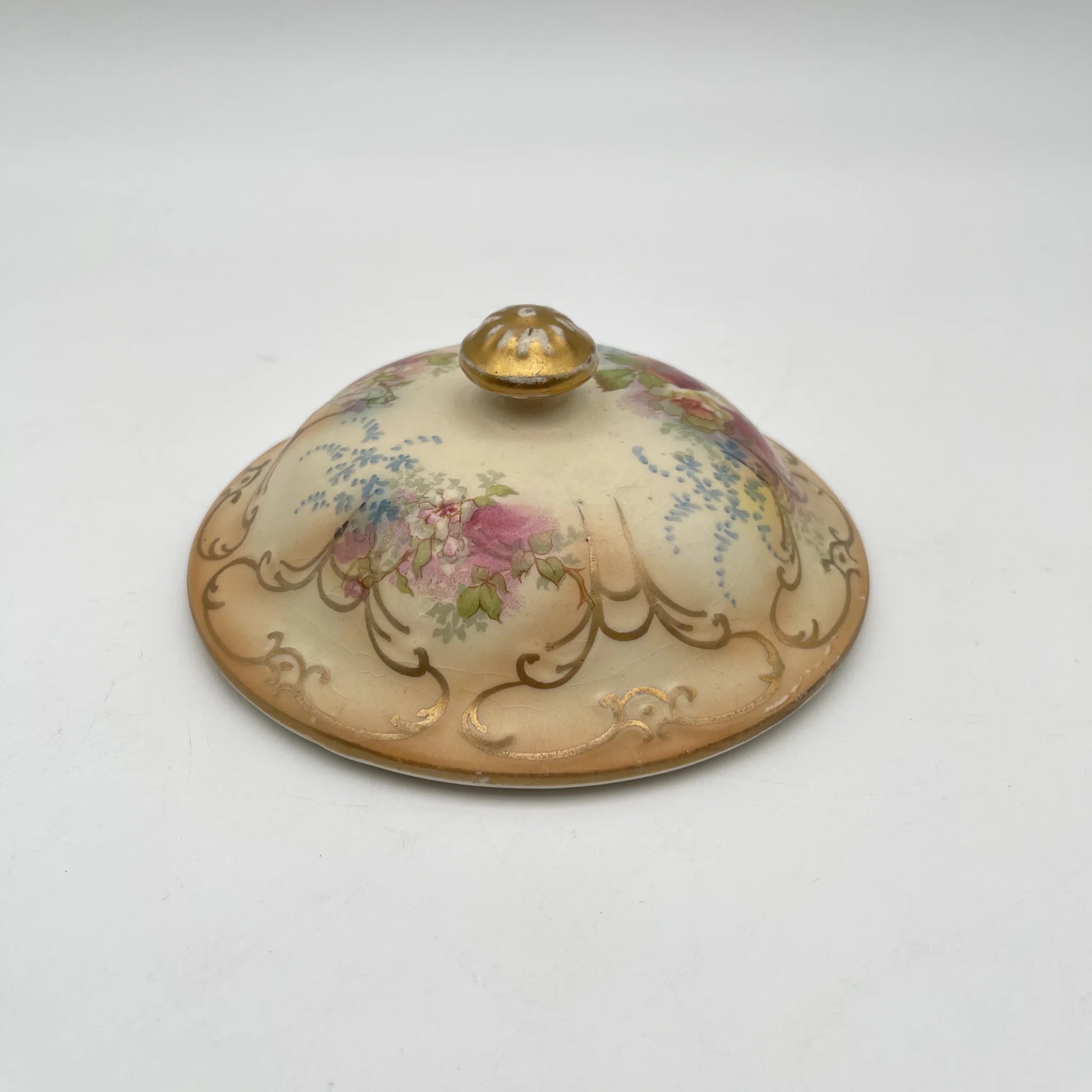 【古董】肥皂碟+备用盖/ Crown Devon / 1890-1910年代/陶器/英国/铜板转印,手工金彩