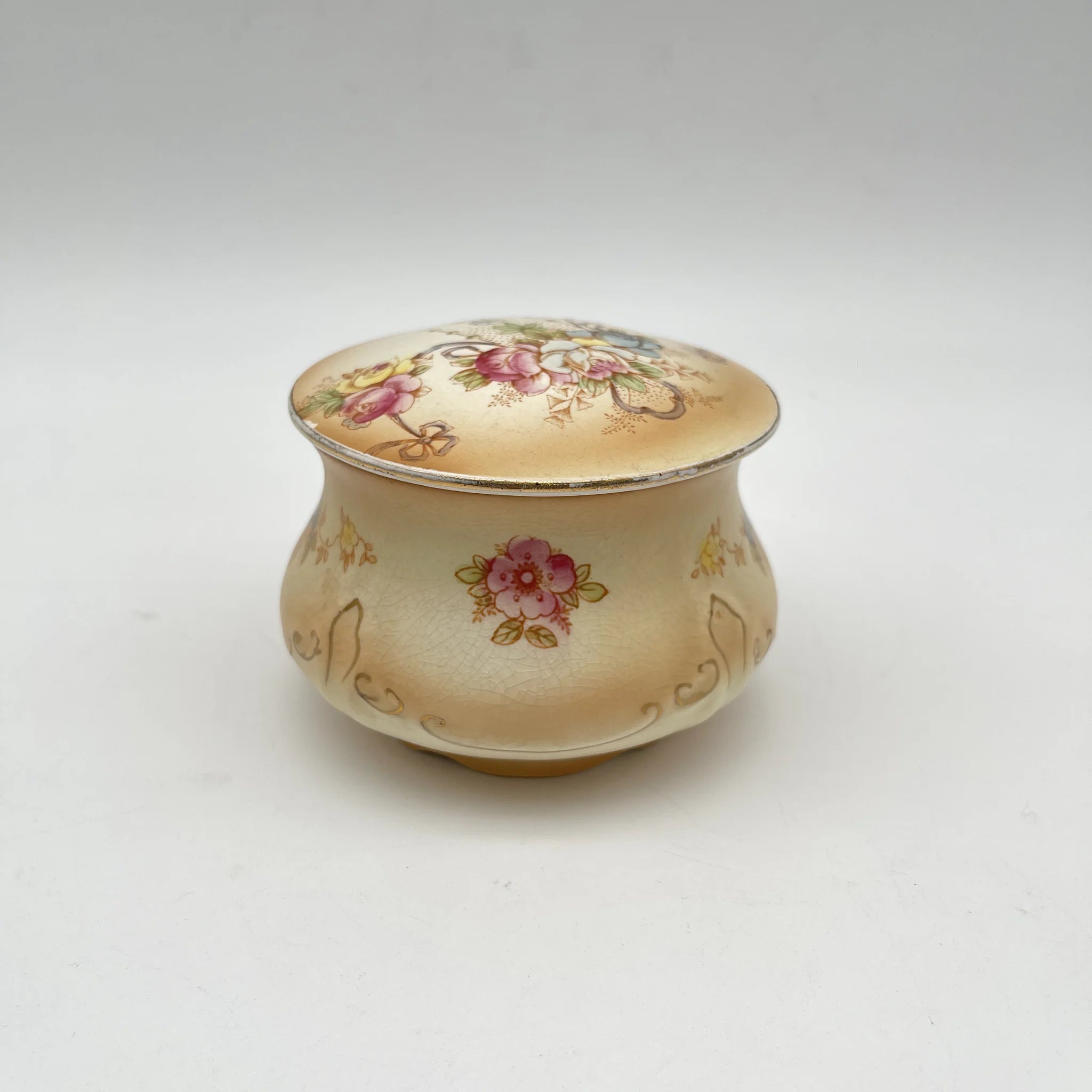 【古董】小罐/ Crown Devon / Spring / 1910年代/陶器/英国/铜板转印,手工彩色金彩