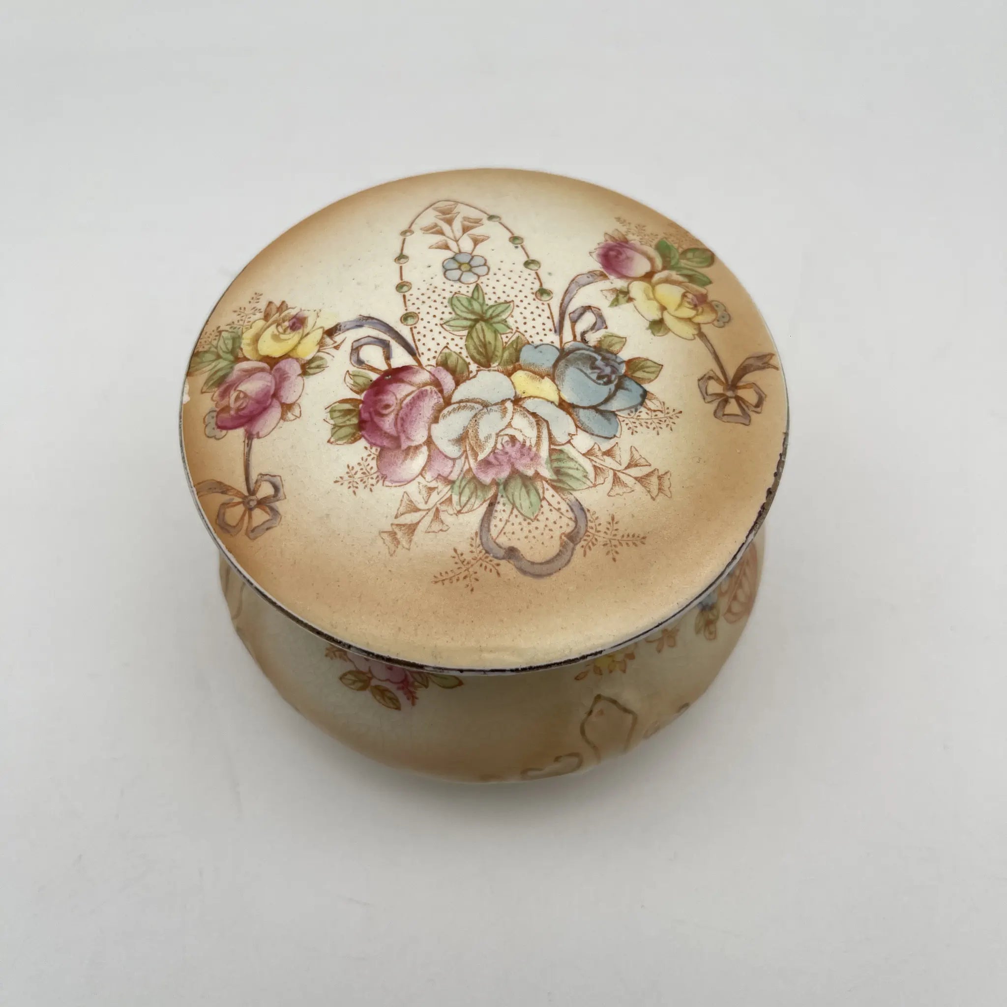 【古董】小罐/ Crown Devon / Spring / 1910年代/陶器/英国/铜板转印,手工彩色金彩
