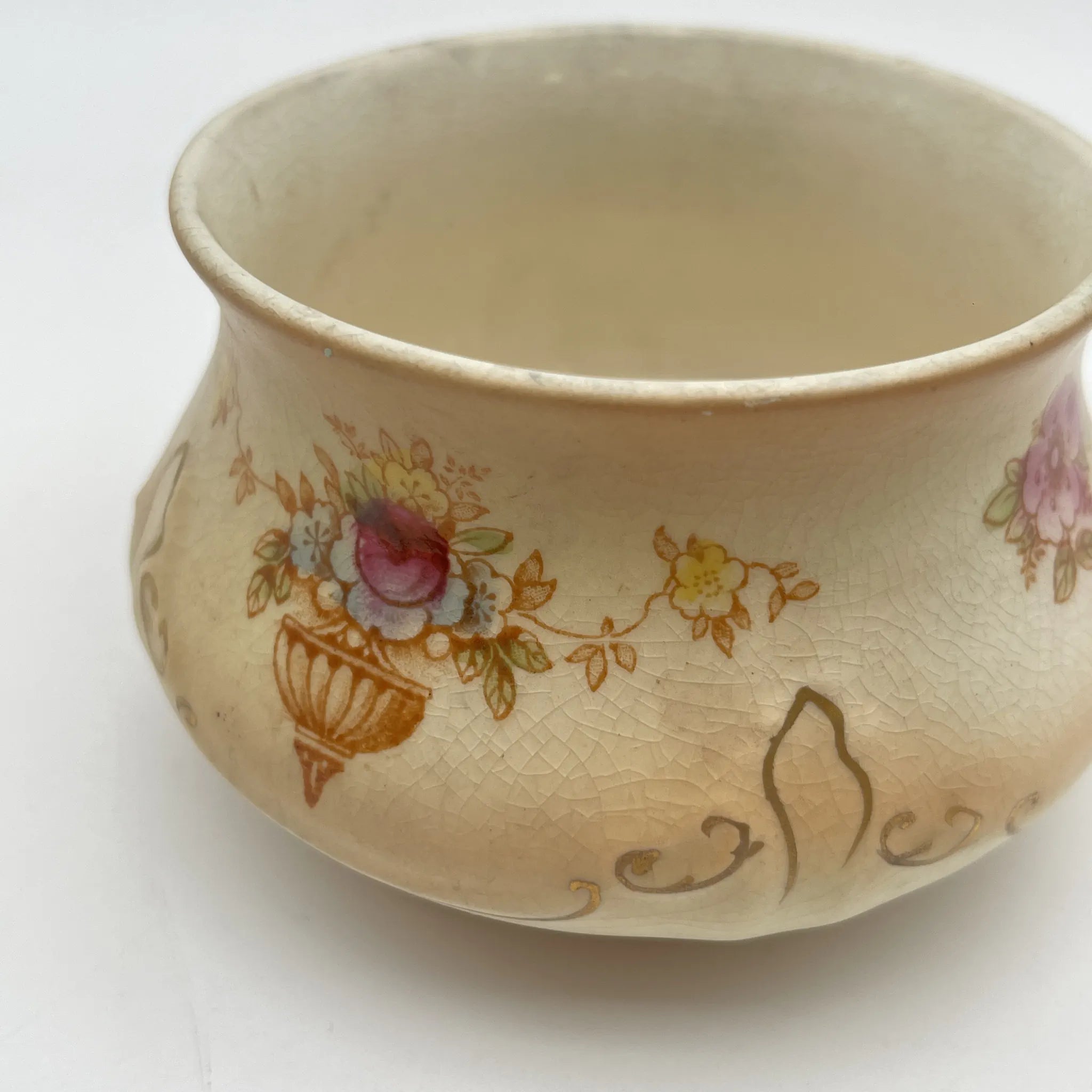 【古董】小罐/ Crown Devon / Spring / 1910年代/陶器/英国/铜板转印,手工彩色金彩