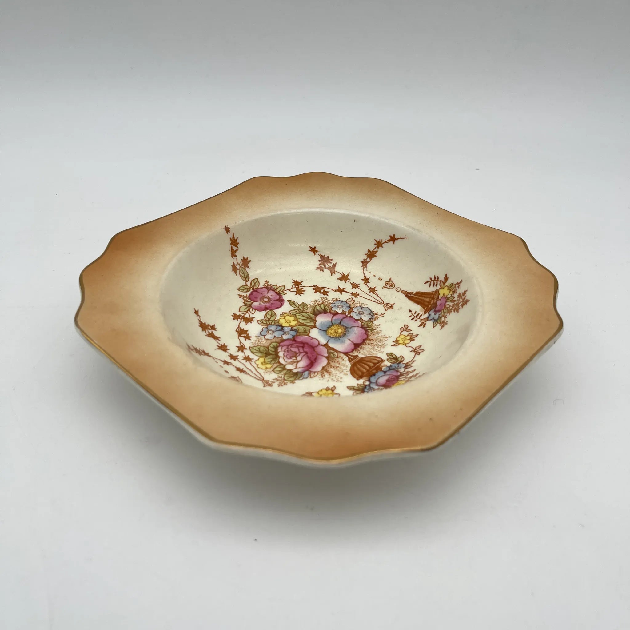 【复古】汤盘(深盘)/ Crown Devon / 1930年代(推测)/陶器/英国/铜板转印,手工彩色金彩