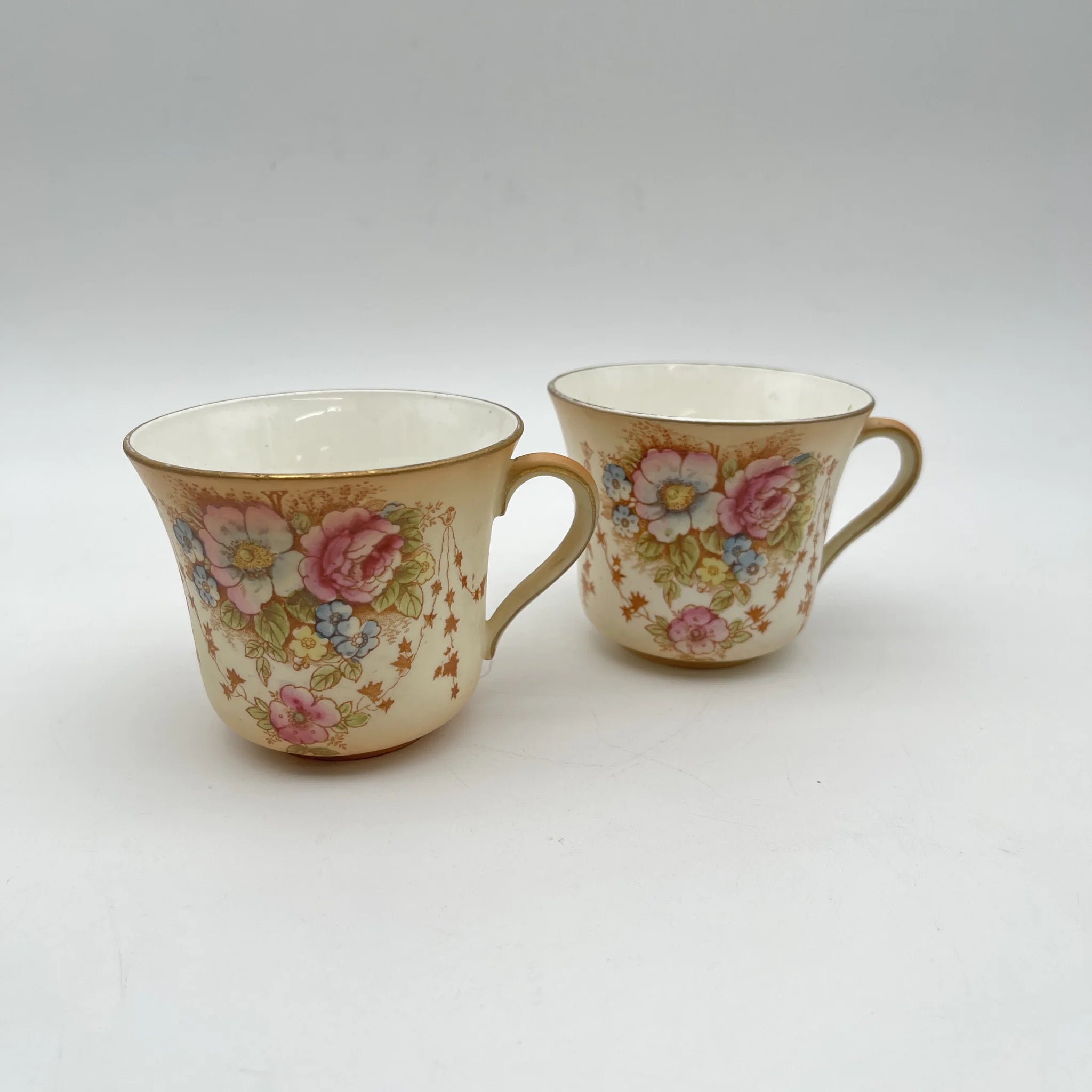 【アンティーク】 ティーカップ2P / Crown Devon (クラウンデボン) / Spring / 1910-1920年代 (推定) / 陶器 / イギリス / 銅板転写, 手彩色 金彩