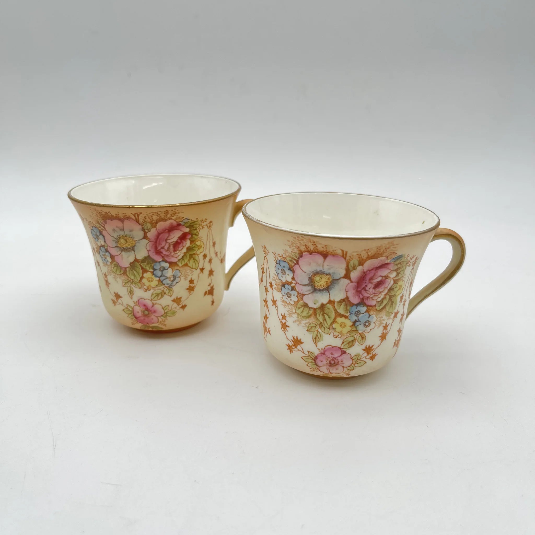 【アンティーク】 ティーカップ2P / Crown Devon (クラウンデボン) / Spring / 1910-1920年代 (推定) / 陶器 / イギリス / 銅板転写, 手彩色 金彩