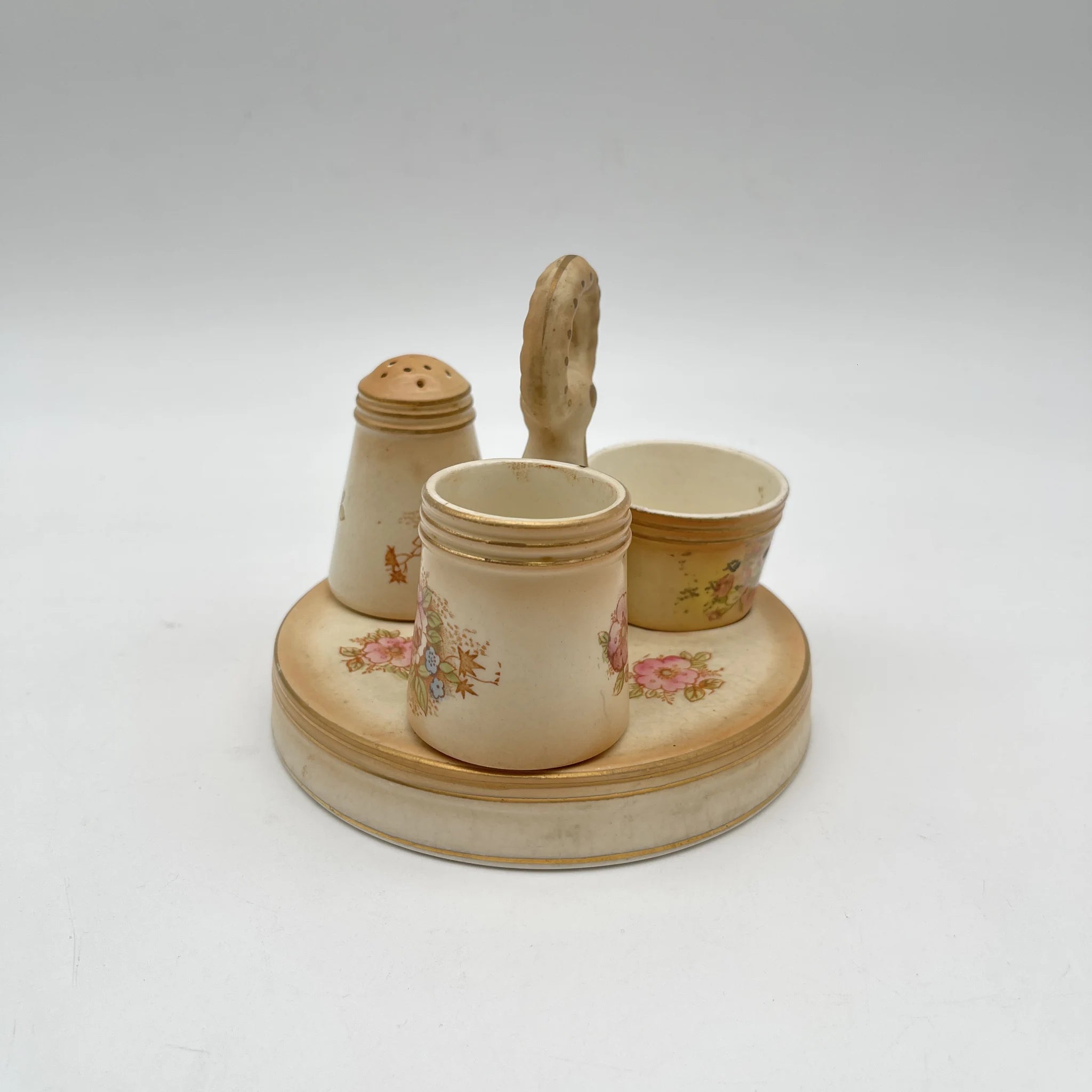 【アンティーク】 調味料入れ3P+スタンド付 / Crown Devon (クラウンデボン) / Spring / 1910-1920年代 / 陶器 / イギリス / ソルトシェーカー, ペッパーポット, マスタードポット