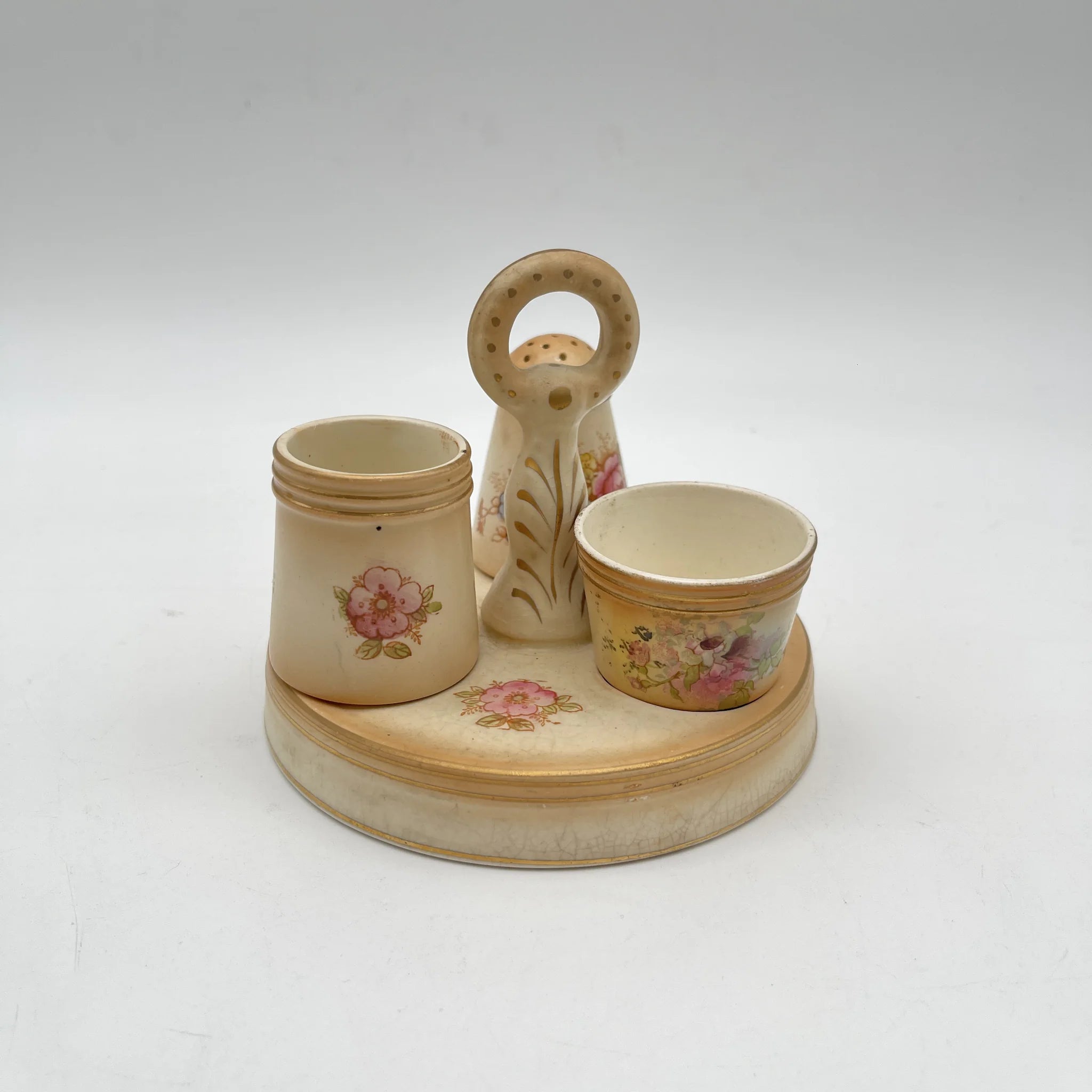 【アンティーク】 調味料入れ3P+スタンド付 / Crown Devon (クラウンデボン) / Spring / 1910-1920年代 / 陶器 / イギリス / ソルトシェーカー, ペッパーポット, マスタードポット