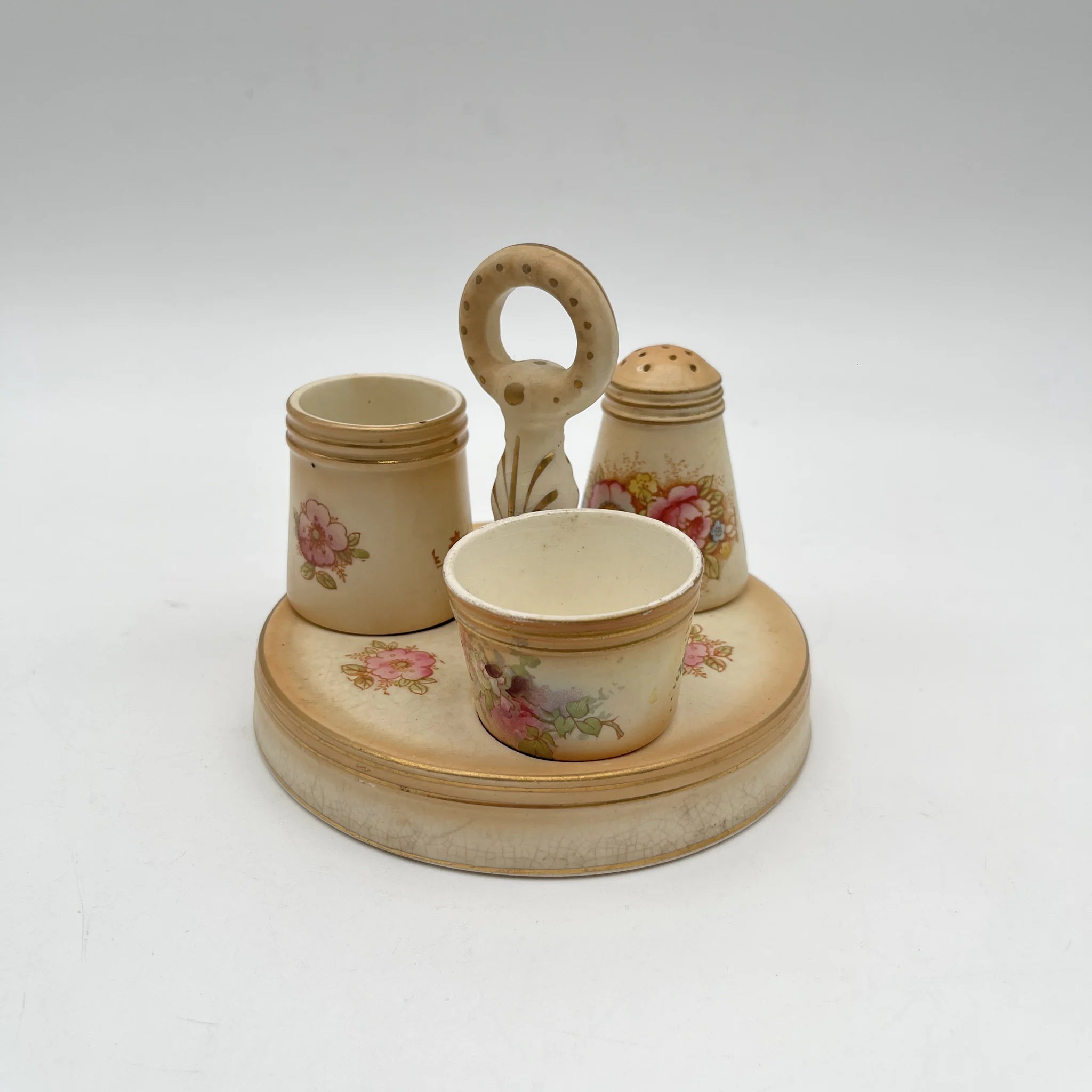 【アンティーク】 調味料入れ3P+スタンド付 / Crown Devon (クラウンデボン) / Spring / 1910-1920年代 / 陶器 / イギリス / ソルトシェーカー, ペッパーポット, マスタードポット