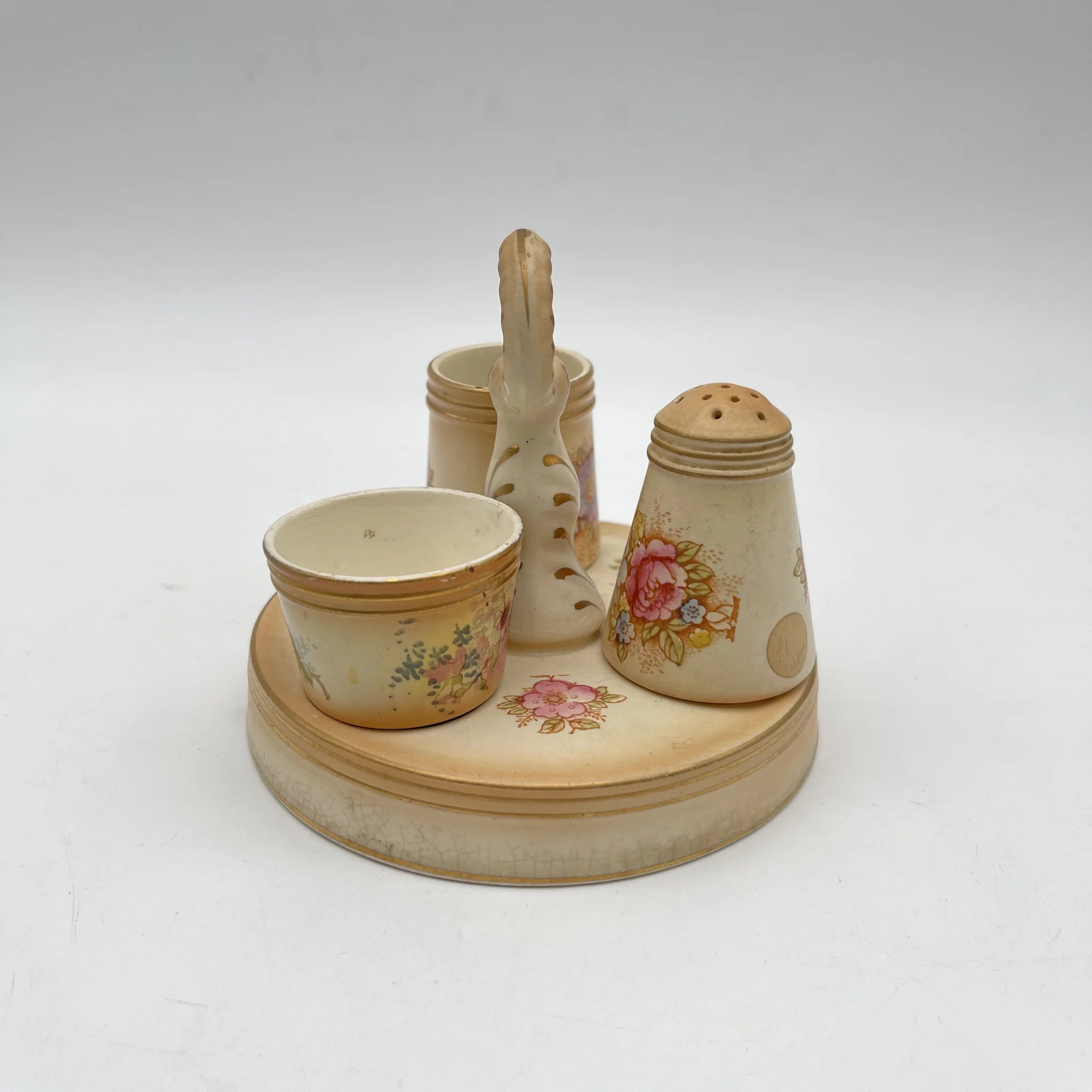 【アンティーク】 調味料入れ3P+スタンド付 / Crown Devon (クラウンデボン) / Spring / 1910-1920年代 / 陶器 / イギリス / ソルトシェーカー, ペッパーポット, マスタードポット