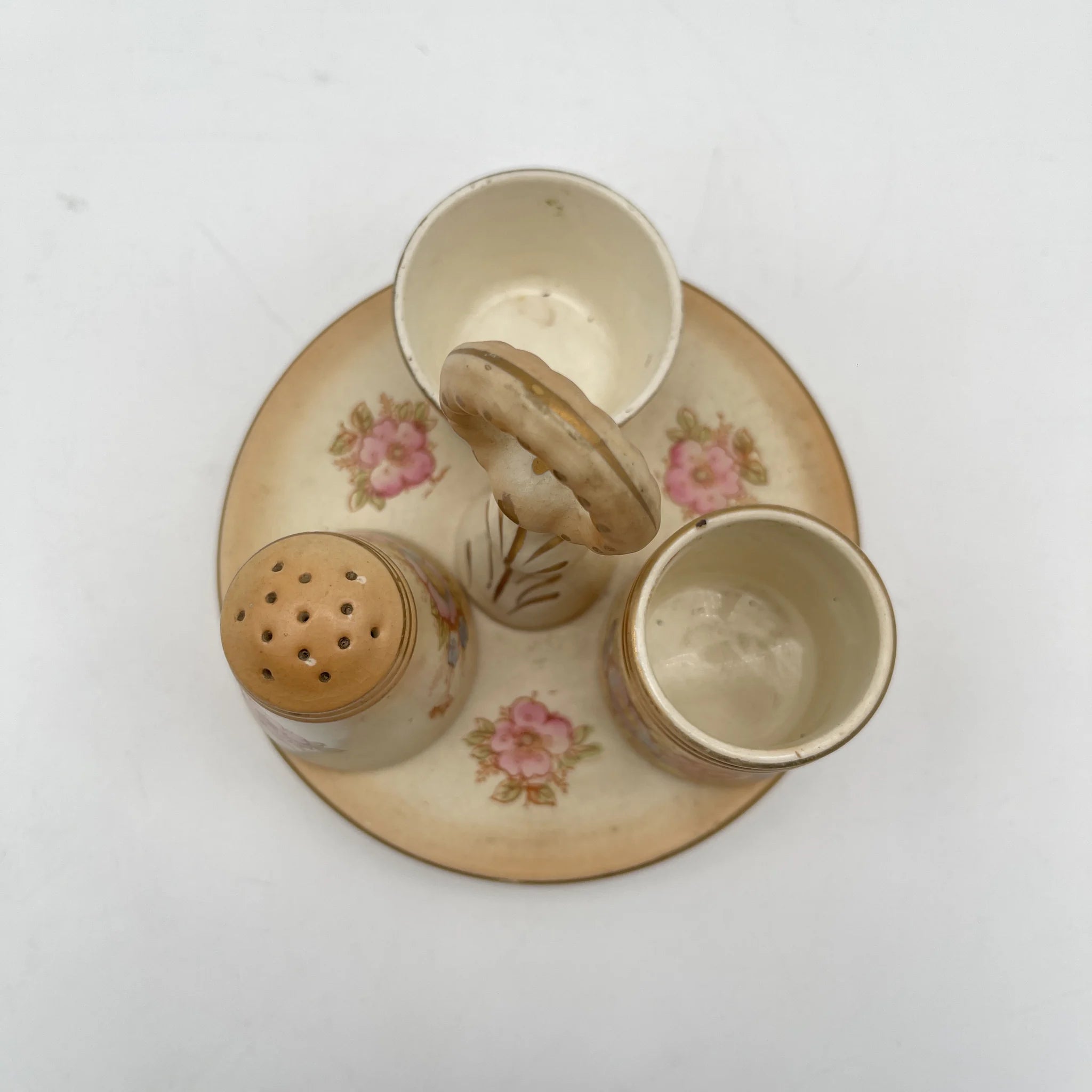 【アンティーク】 調味料入れ3P+スタンド付 / Crown Devon (クラウンデボン) / Spring / 1910-1920年代 / 陶器 / イギリス / ソルトシェーカー, ペッパーポット, マスタードポット