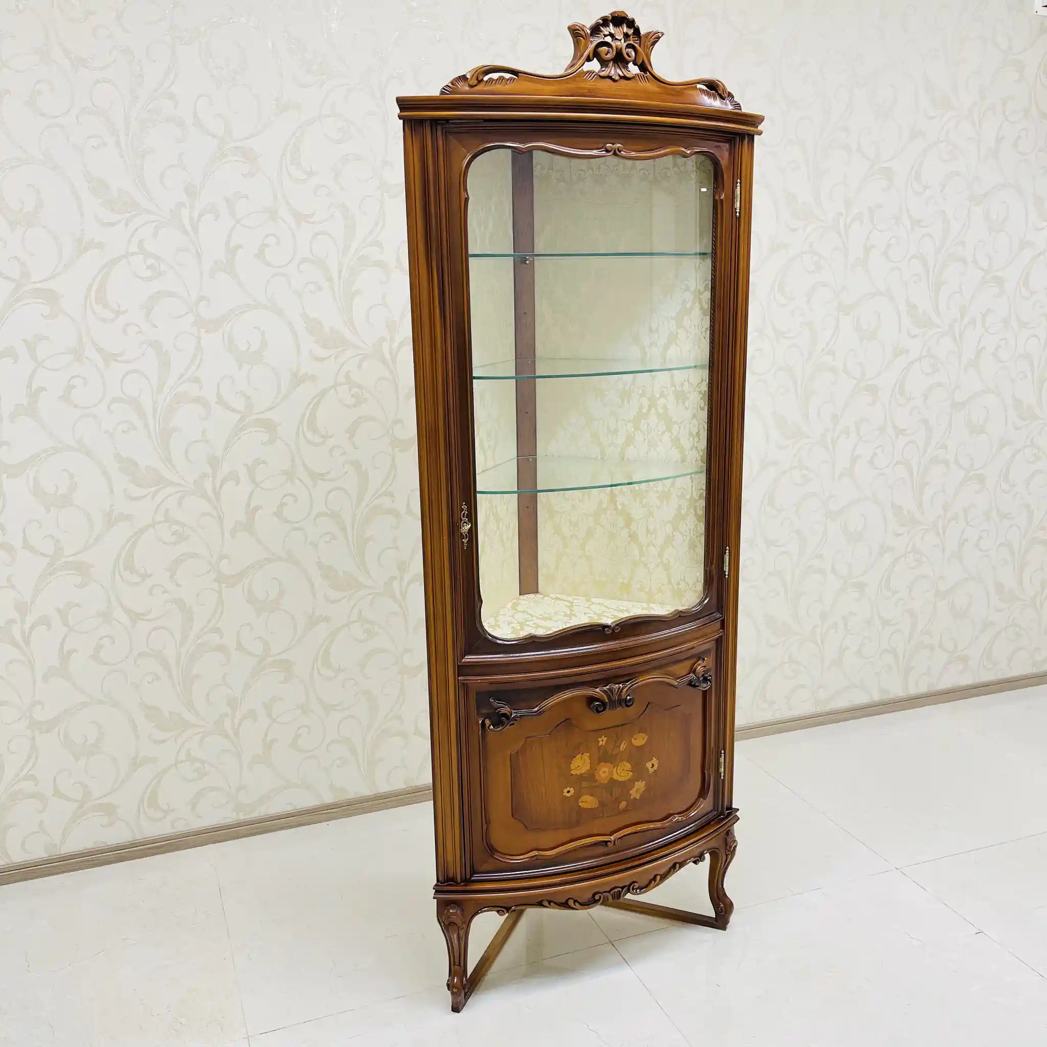 【ビンテージ】 コーナーガラスキャビネット / 象嵌細工